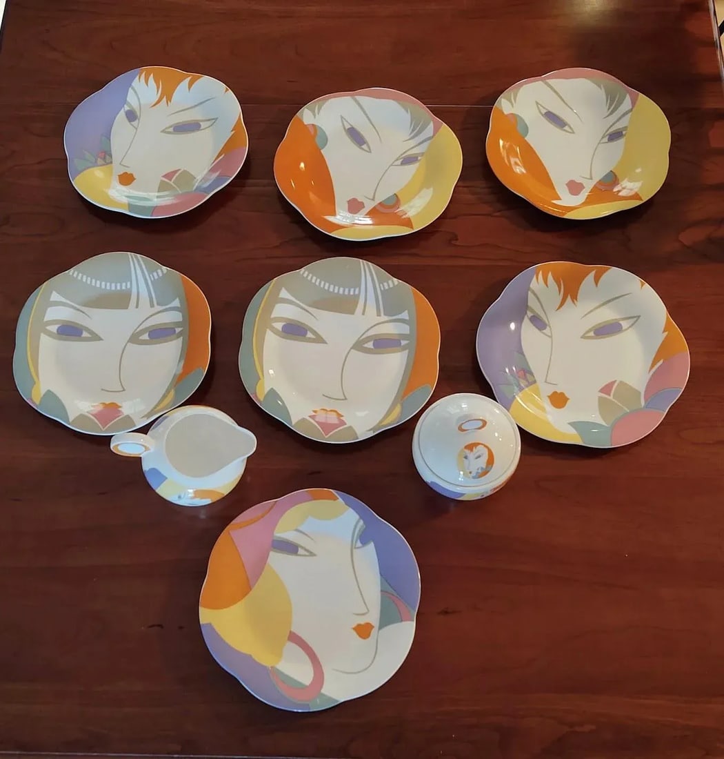 1980s "Visage" Salad Plates and a Cream and Sugar Set by Larry Laslo- 10 Pieces - 10