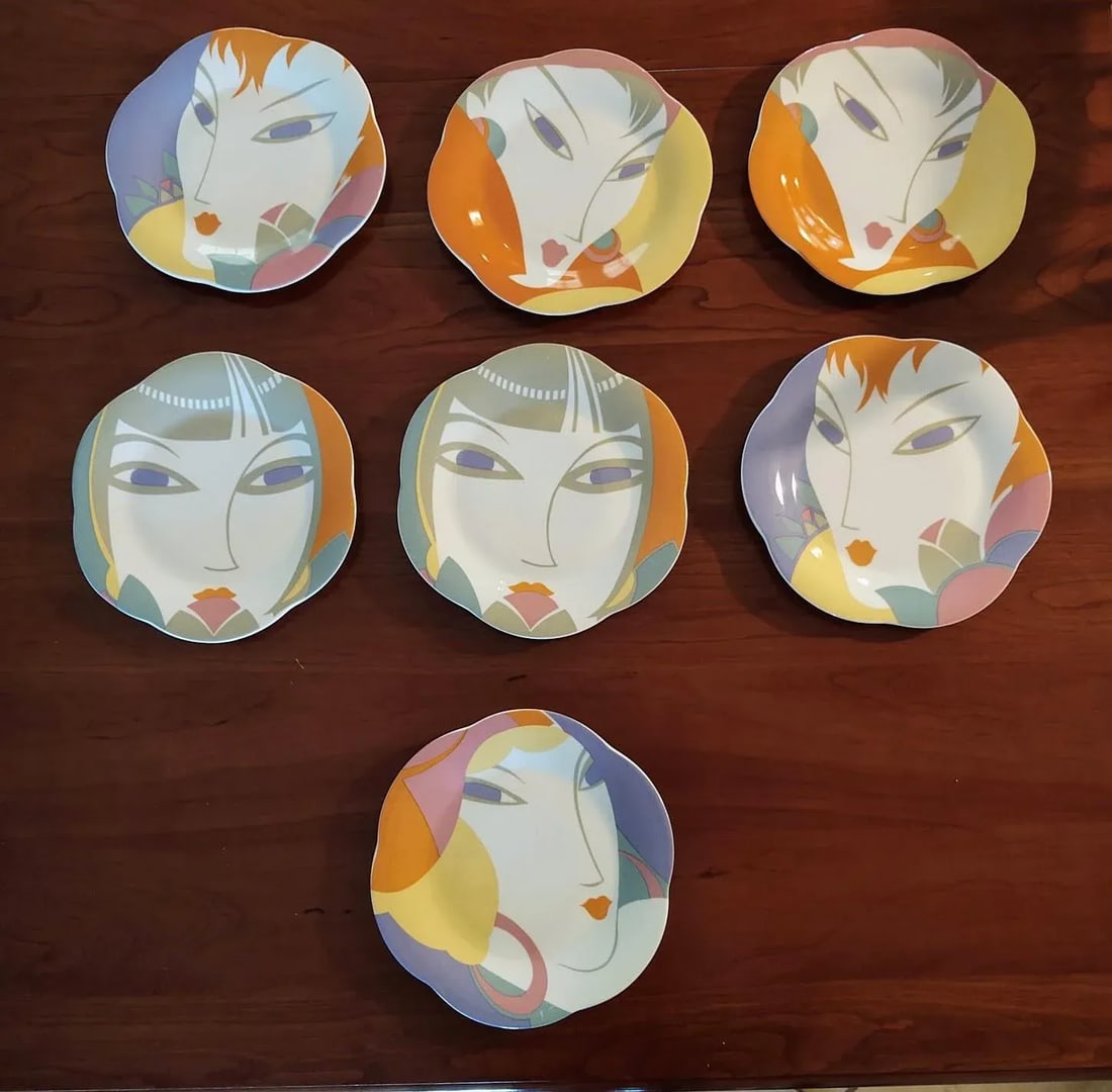 1980s "Visage" Salad Plates and a Cream and Sugar Set by Larry Laslo- 10 Pieces - 2