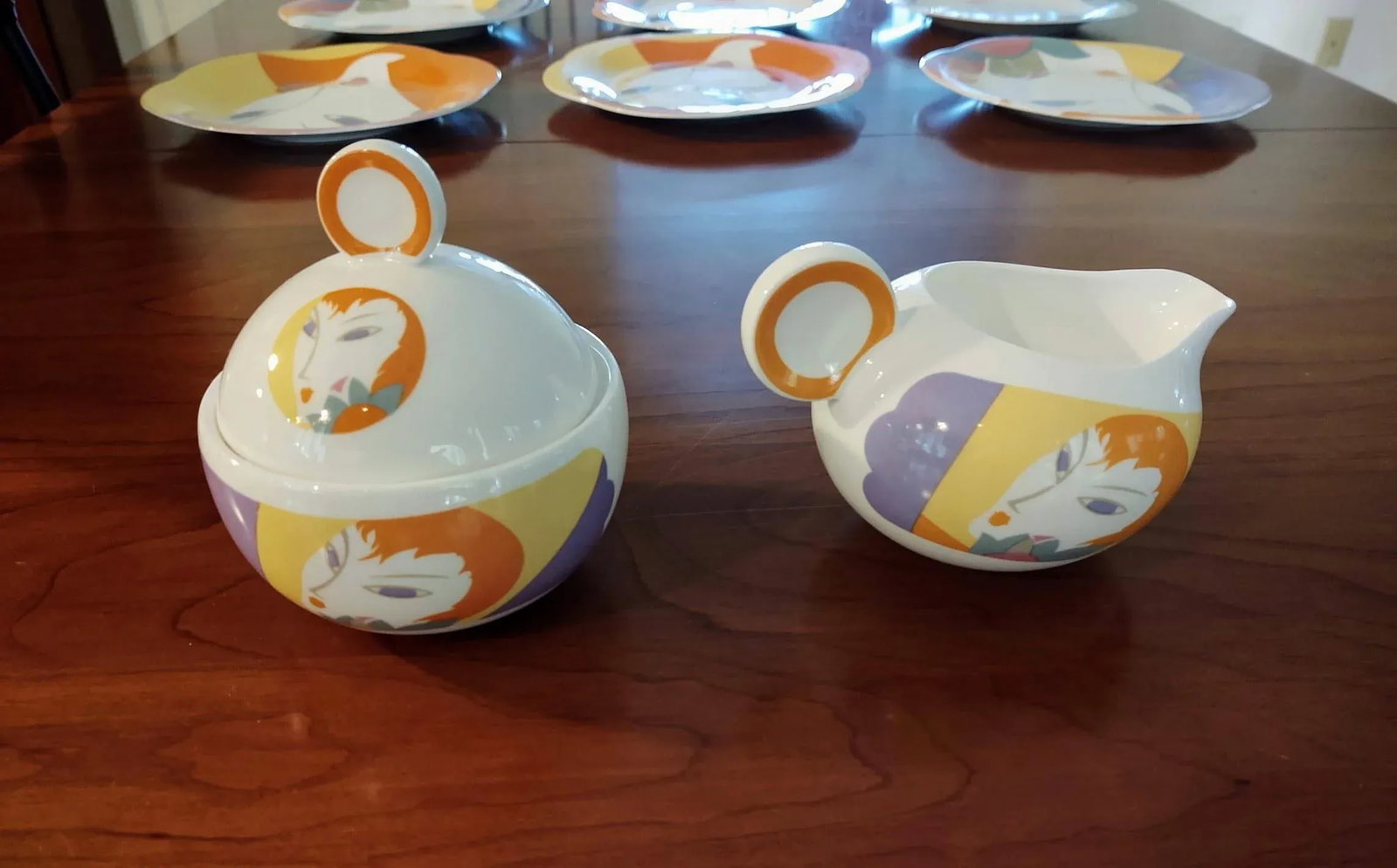 1980s "Visage" Salad Plates and a Cream and Sugar Set by Larry Laslo- 10 Pieces - 3