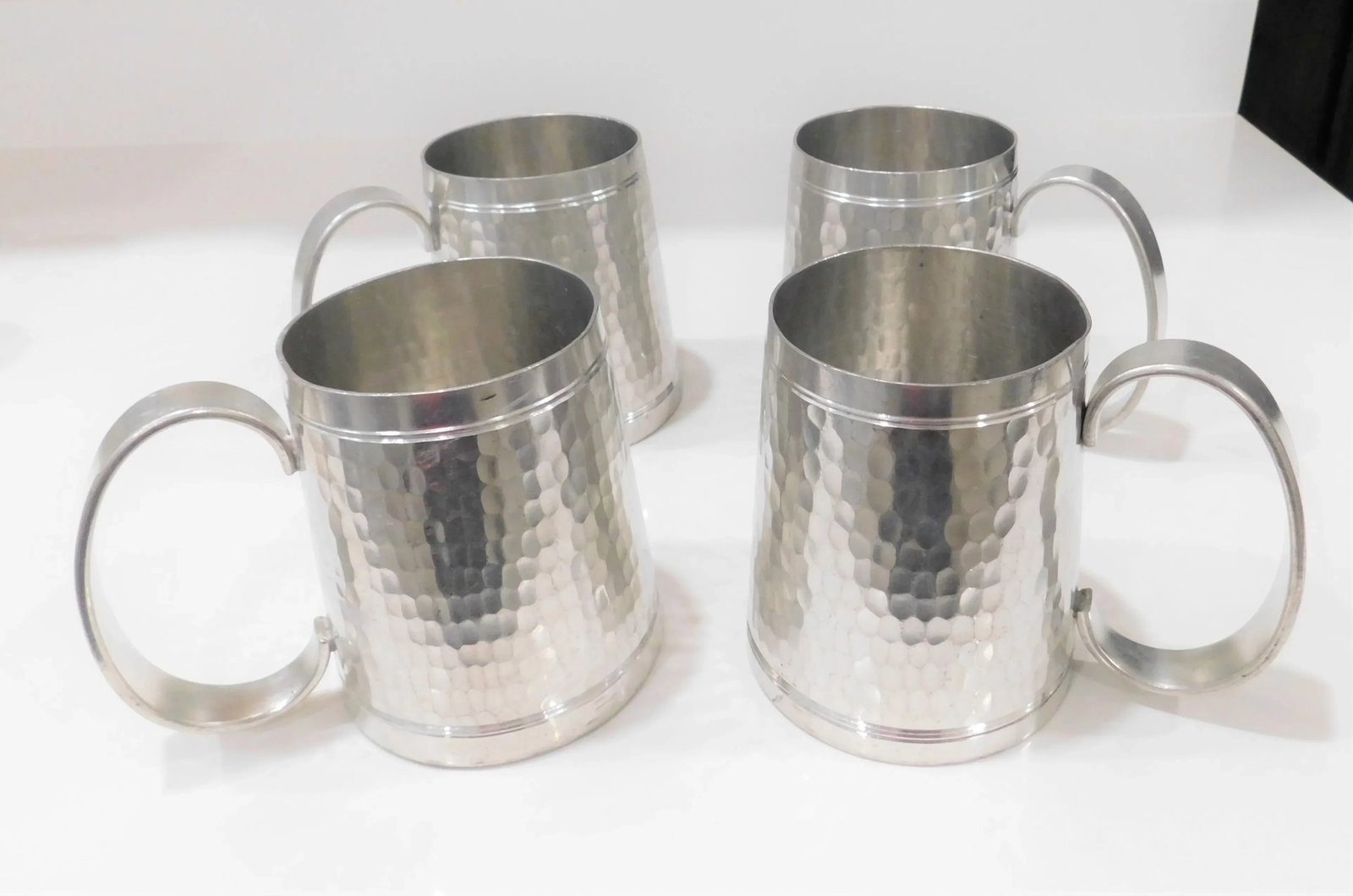 Pewter t.k.f. Banka Tinwerk Indonesian Hammered Art Deco Pewter Pitcher and Eight Tankard Set - 10