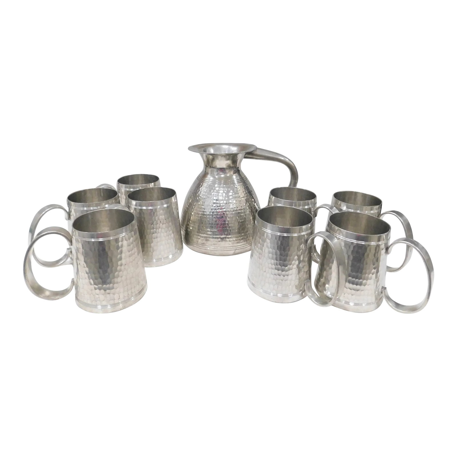 Pewter t.k.f. Banka Tinwerk Indonesian Hammered Art Deco Pewter Pitcher and Eight Tankard Set (1 of 12)