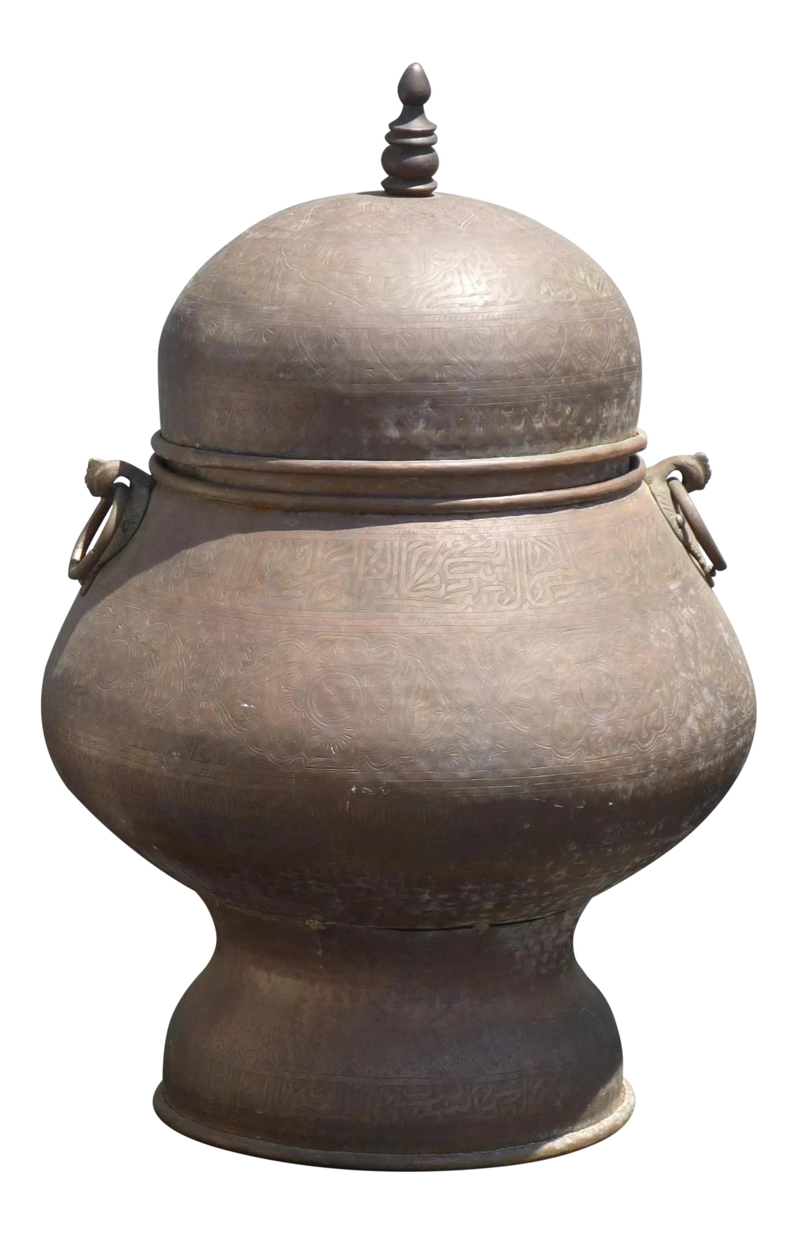 20th Century Middle Eastern Incised Copper Urn: Large Middle Eastern incised copper urn with heavy handles and cover with central finial, base height without cover is 22.5". Condition: Alterations: Unknown Imperfections: Some Imperfections