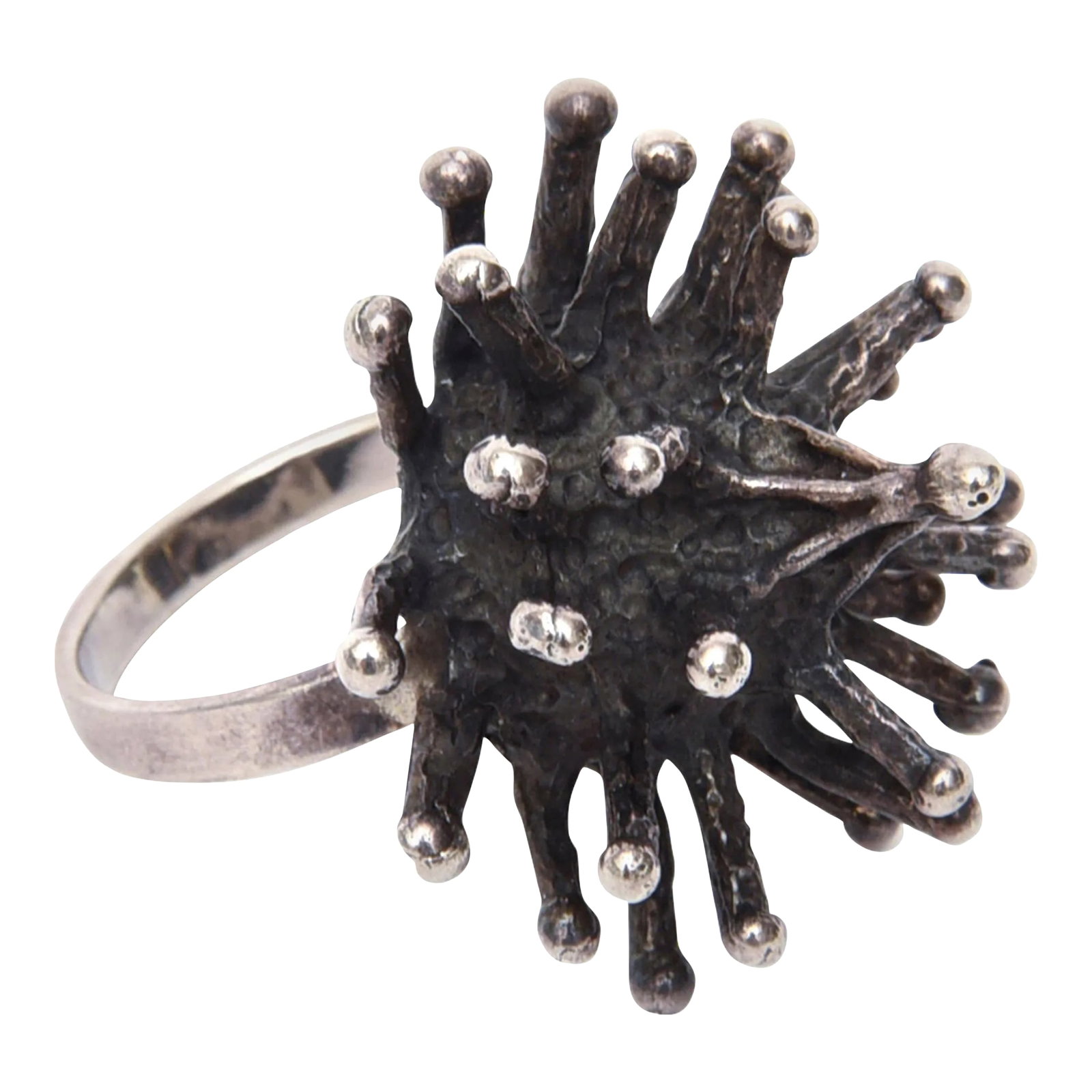 Vintage Sculptural Sterling Silver Sputnik Brutalist Dome Ring: This is part of Chairish's Costume Jewelry assortment. This sterling silver brutalist hand wrought sputnik ring is very dynamic. It has texture and dimension. It has darkened sterling with polished
