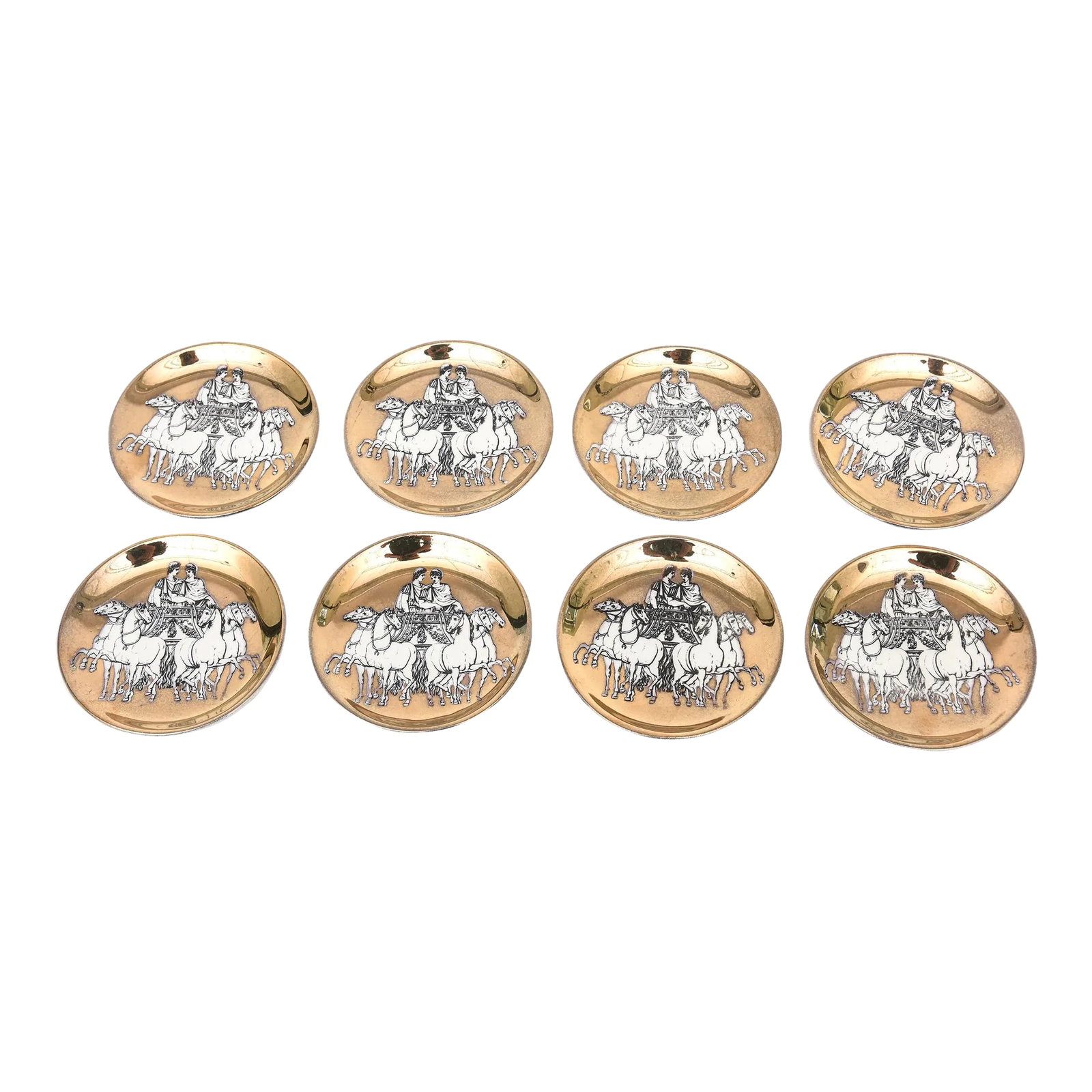 Vintage PIero Fornasetti Gilded Porcelain Chariot Coasters Barware Italy 1950's: These vintage Italian Piero Fornasetti gilded porcelain coasters are from the 60's. They retain their original box that was made for Saks Fifth Avenue at the time. Sold as an original set of 8. The