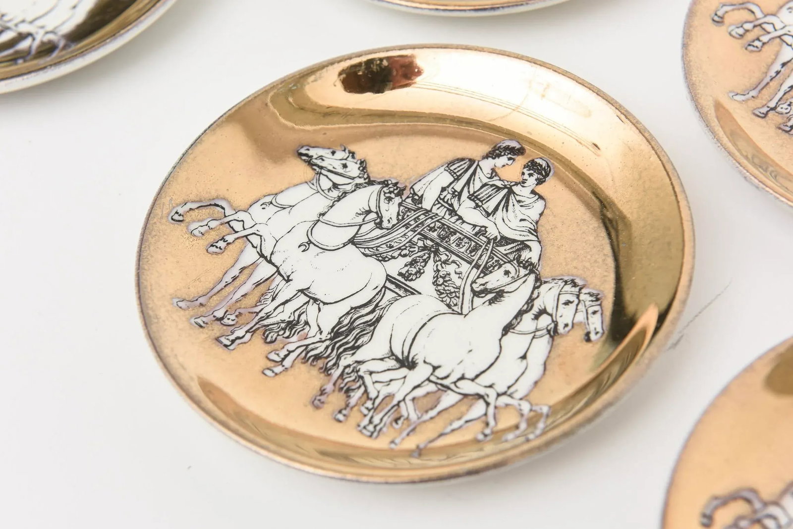 Vintage PIero Fornasetti Gilded Porcelain Chariot Coasters Barware Italy 1950's - 4