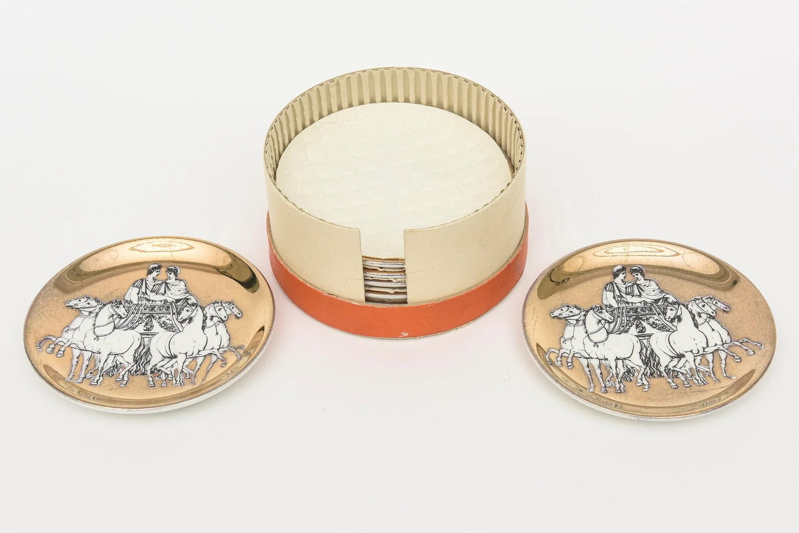 Vintage PIero Fornasetti Gilded Porcelain Chariot Coasters Barware Italy 1950's - 9