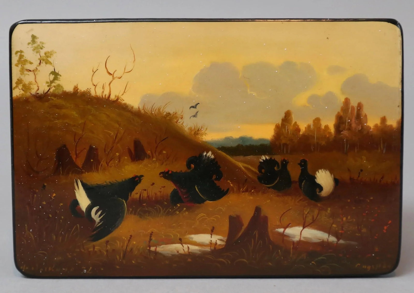 Antique English Papier Mache Box W/ Scottish Highland Grouse Scene - 5