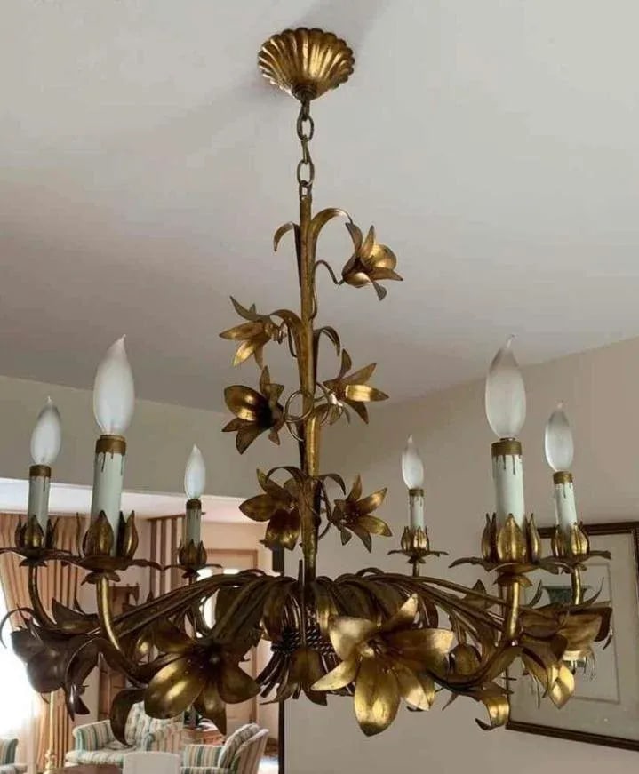 Mid 20th Century Gold Gilt Italian Tole Lily 6-Light Chandelier - 12