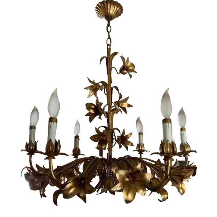 Mid 20th Century Gold Gilt Italian Tole Lily 6-Light Chandelier: Gold Gilt Italian Tole Lily 6-Light Chandelier Regency French Hollywood style chandelier. Metal gold gilt & patina Paint loss. Worked when removed my professional.. Hanging since 1960s. Lightbulbs