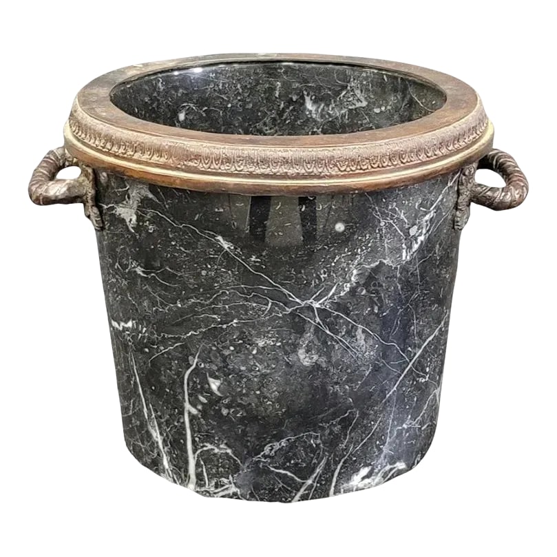 Vintage Marble and Brass Ice Bucket: Stunning, heavy black marble ice bucket with beautiful brass handles and rim. Significant weight to this special piece. Condition: Alterations: Original Condition Unaltered Imperfections: Some
