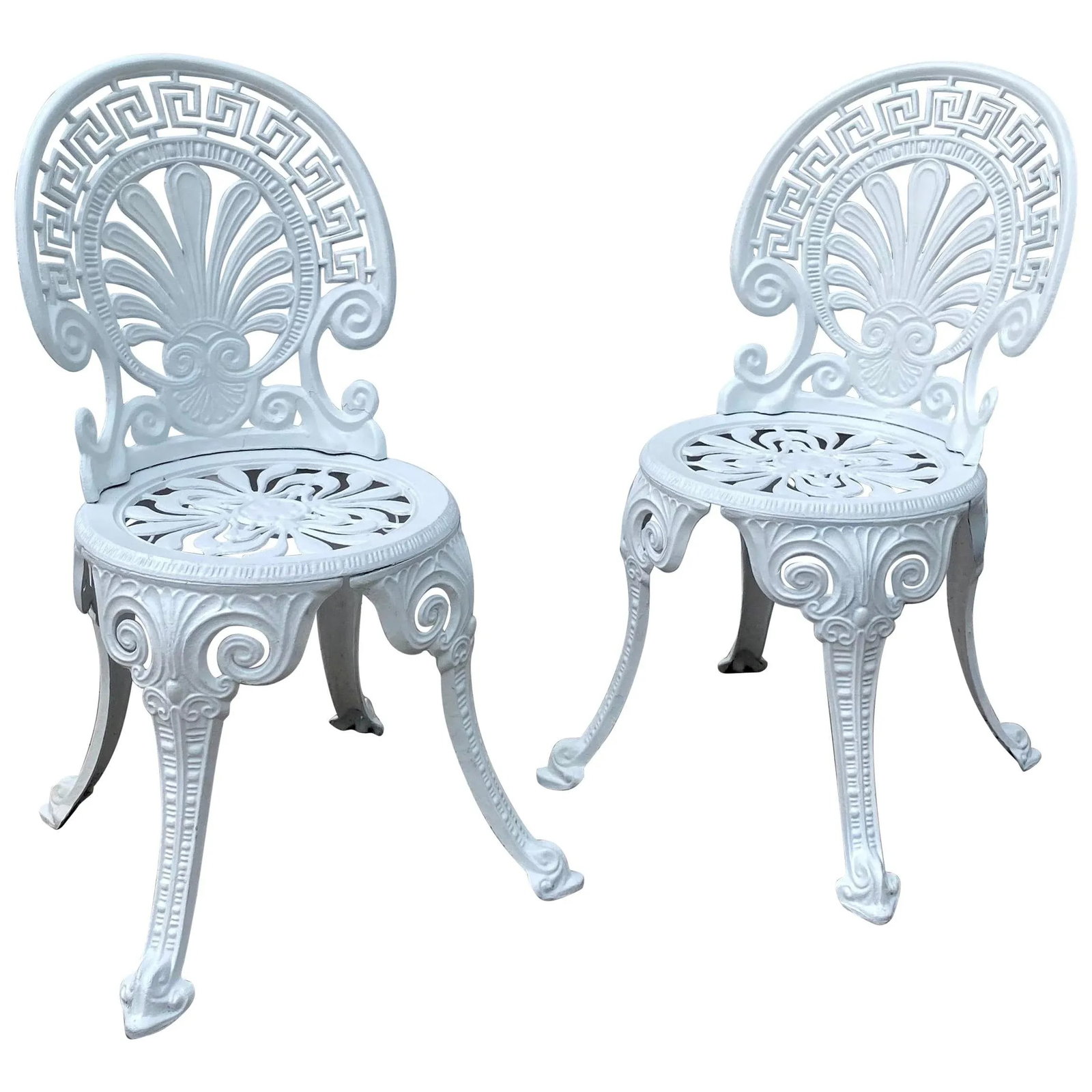 Greek Key Victorian Style White Aluminum Garden Chairs, Pair - 13