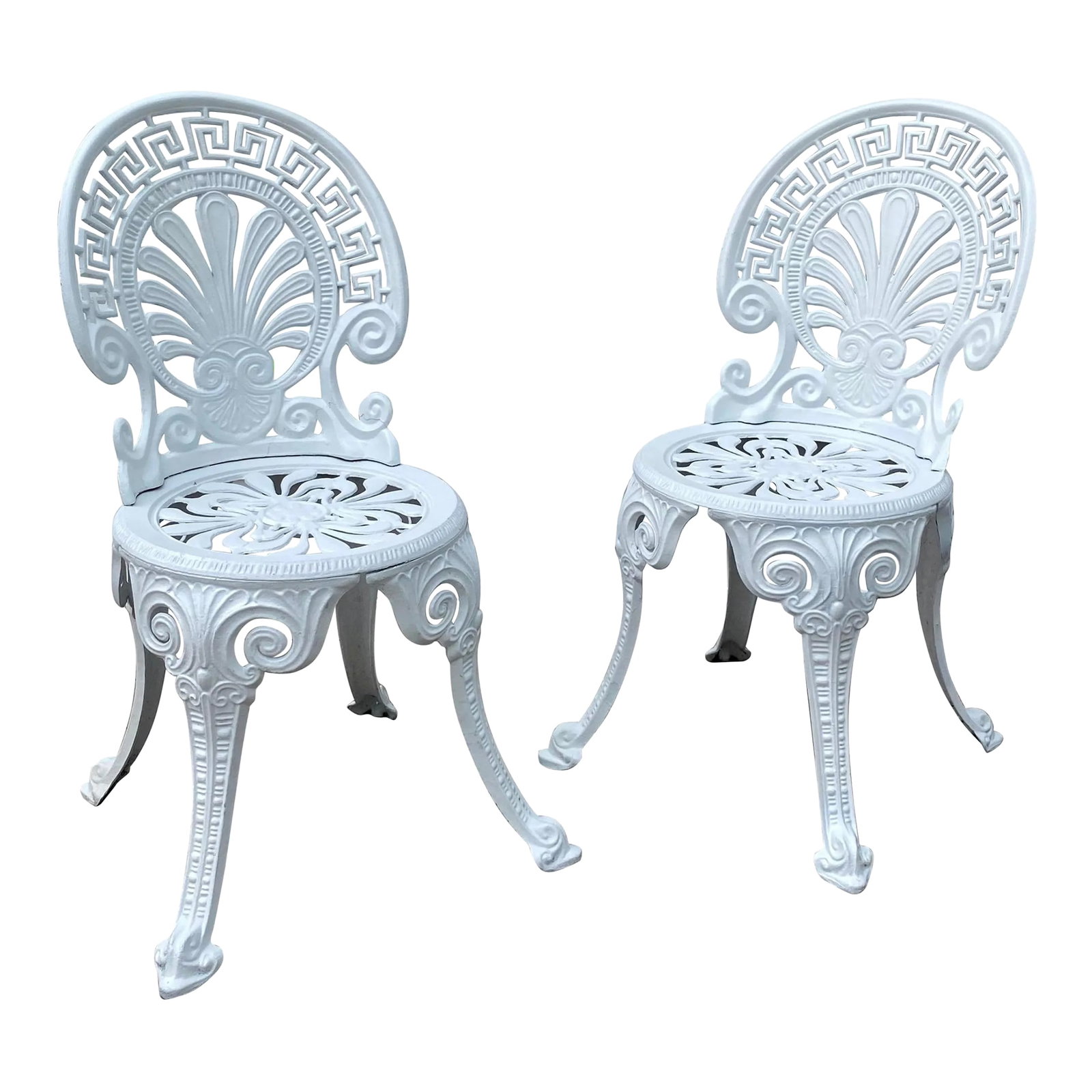 Greek Key Victorian Style White Aluminum Garden Chairs, Pair: Pair of Hollywood Regency style white aluminum garden chairs with Greek key and fan motifs. These armless side accent chairs are perfect extra seating for the garden or patio. Lightweight, sturdy, and