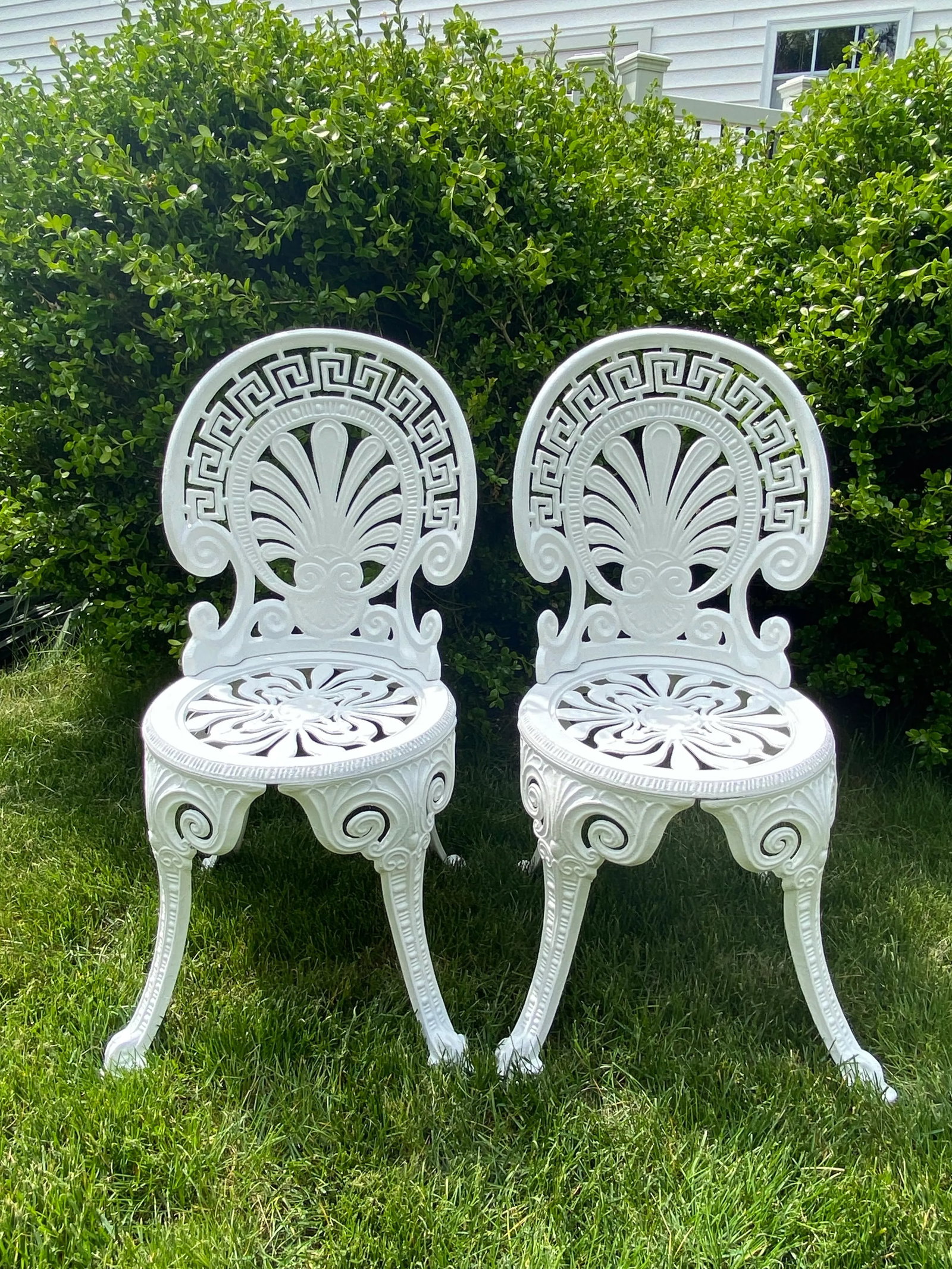 Greek Key Victorian Style White Aluminum Garden Chairs, Pair - 2