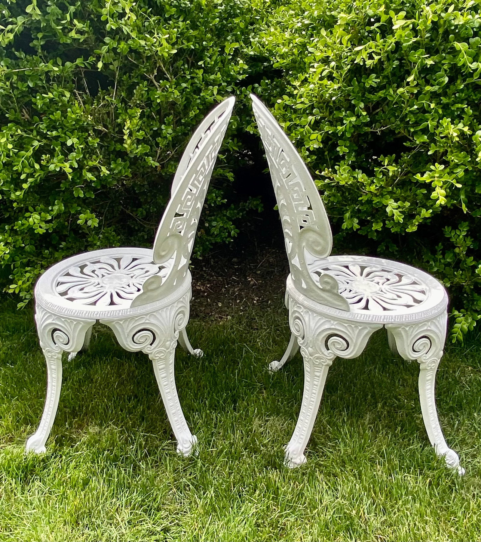Greek Key Victorian Style White Aluminum Garden Chairs, Pair - 3
