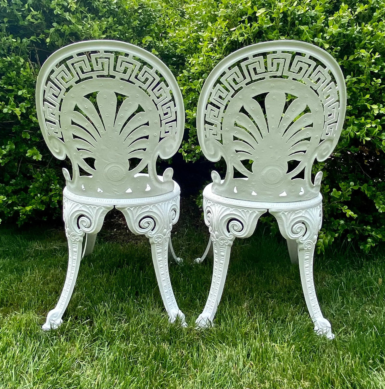 Greek Key Victorian Style White Aluminum Garden Chairs, Pair - 4