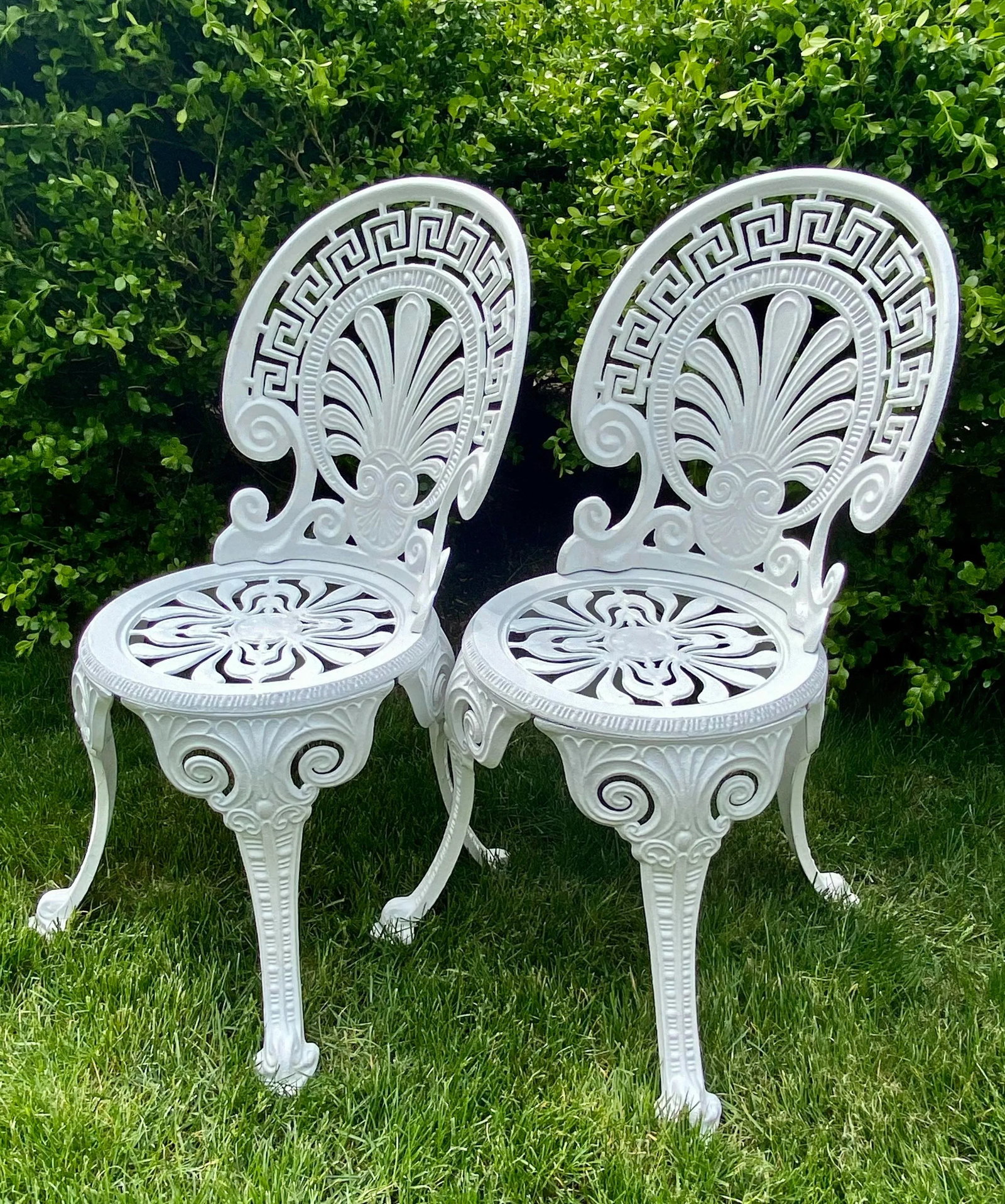 Greek Key Victorian Style White Aluminum Garden Chairs, Pair - 5