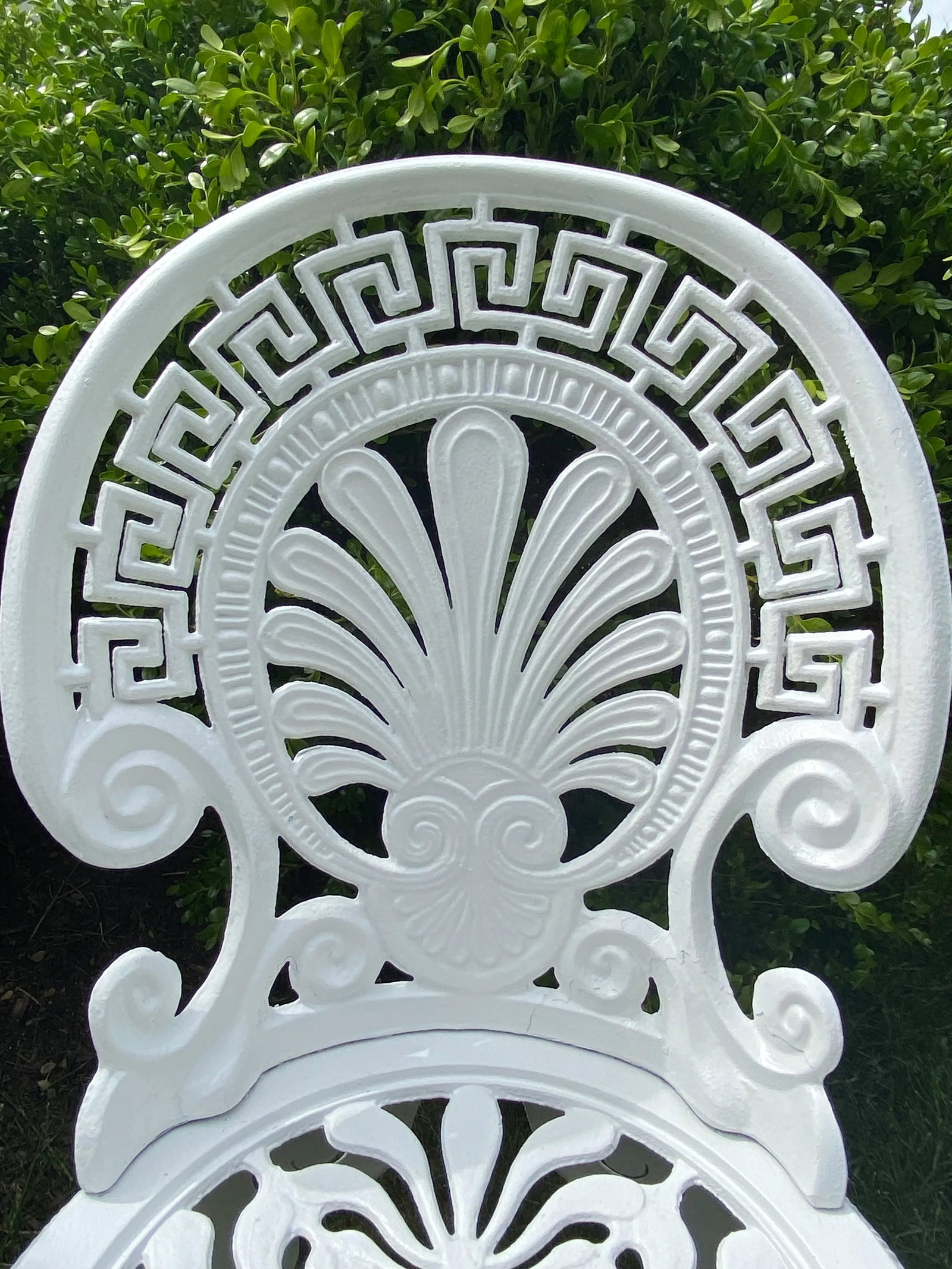 Greek Key Victorian Style White Aluminum Garden Chairs, Pair - 6