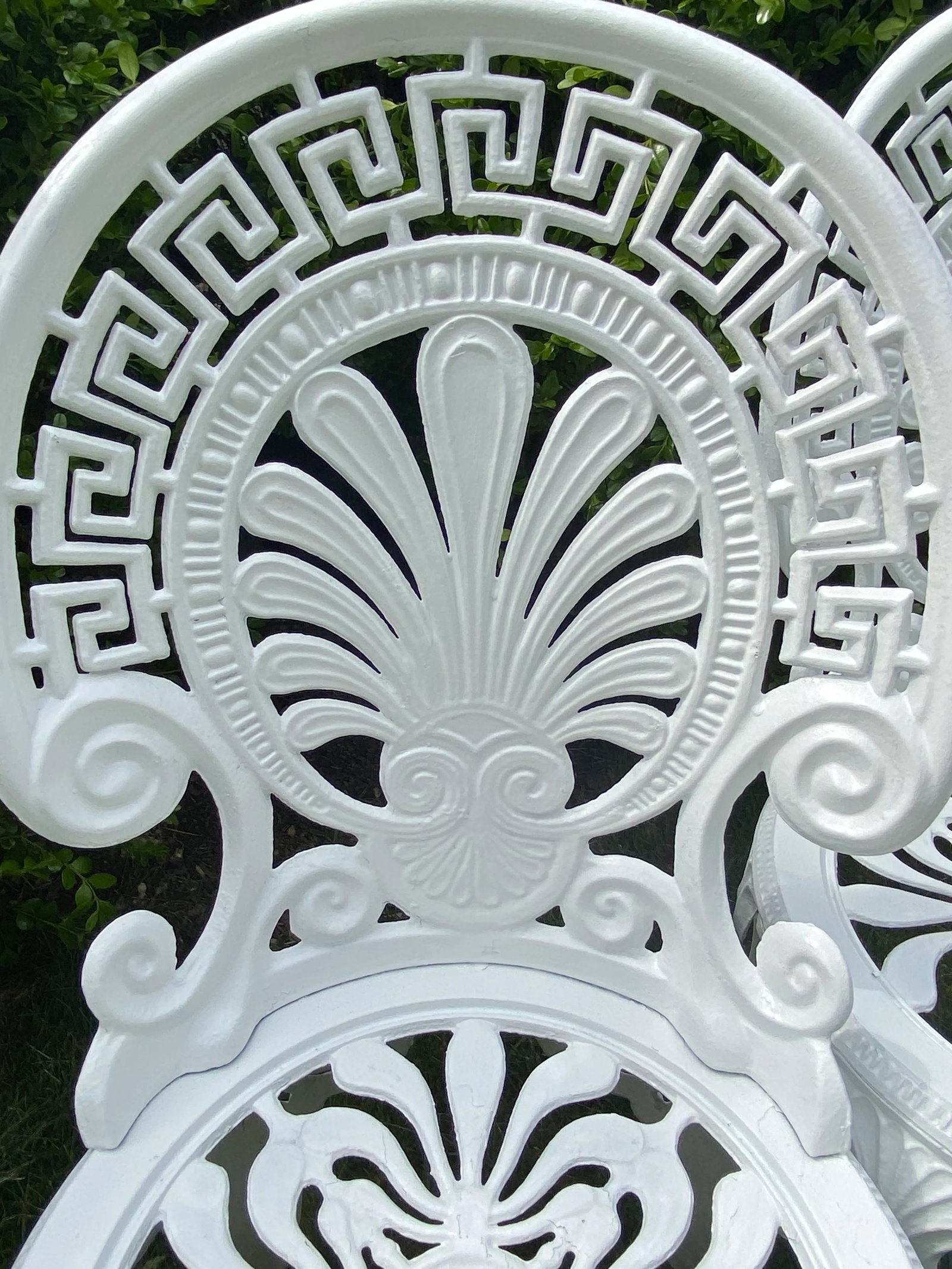 Greek Key Victorian Style White Aluminum Garden Chairs, Pair - 7