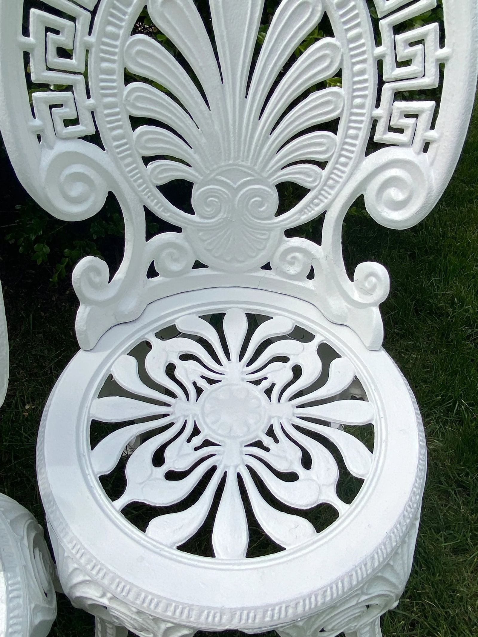 Greek Key Victorian Style White Aluminum Garden Chairs, Pair - 8