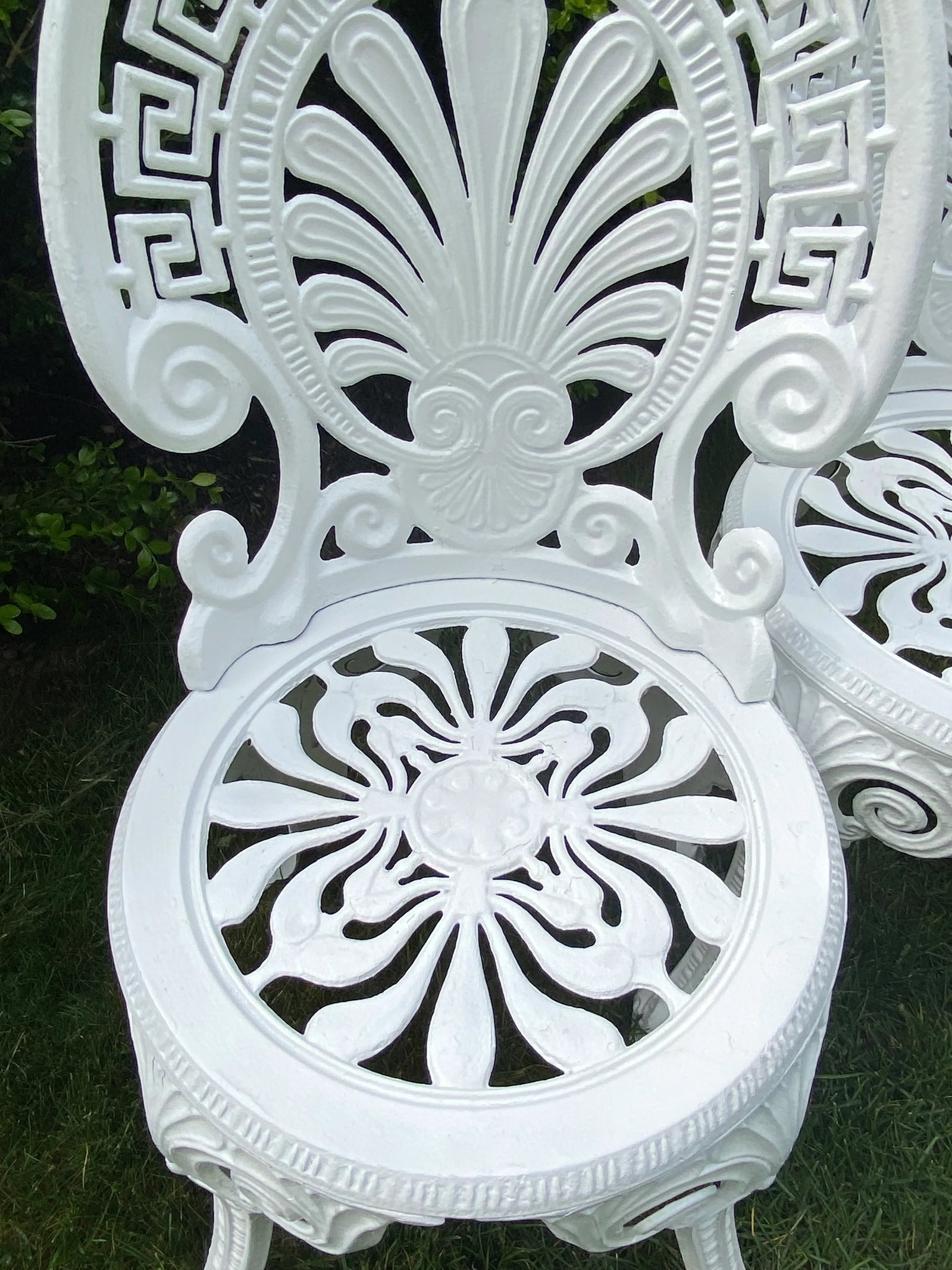 Greek Key Victorian Style White Aluminum Garden Chairs, Pair - 9