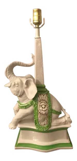 1960s Ceramic Elephant Table Lamp: Fab vintage 1960's ceramic lamp of an elephant with a sash and obeleisk. Fantastic Hollywood Regency style, probably Italian. The green paint looks to be an added overpaint and is waring at the