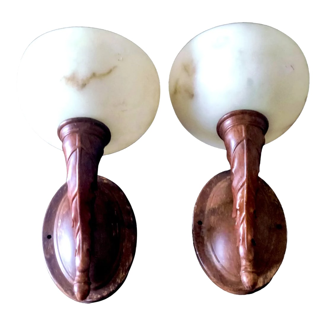 1940s Arts & Crafts Style Wall Sconces With Bowl Shaped Slip Shades - a Pair: Crafted by hand, this is a pair of wall sconces. They are comprised of hand painted white faux alabaster marbled bowl shaped glass slip shades and metal bronze toned wall brackets inspired by wall hun