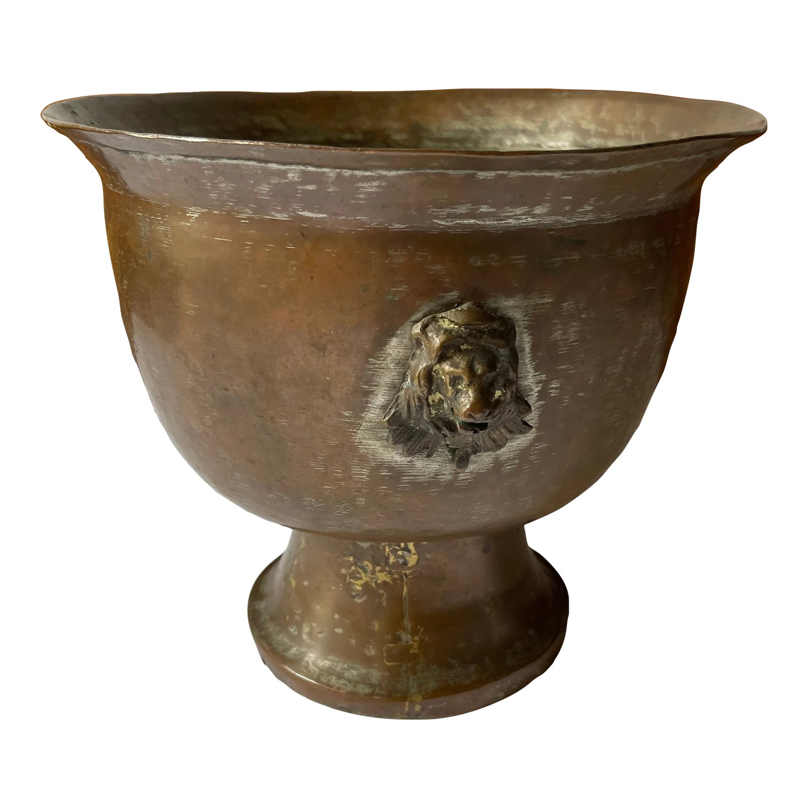 Early 20th Century Antique Etched Copper Lion Head Jardiniere: Lovely antique copper over tin jardiniere. Etched floral and bird design flanked by lions heads on each side. Perfect as a centerpiece, entryway accent, on a bookshelf, or even as a wine chiller.