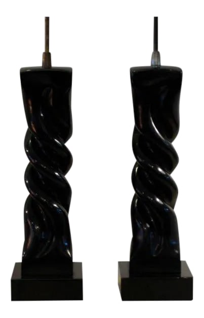 1950s Modern Heifetz in Black Lacquer Table Lamps - a Pair: A great pair of "twisted wood" table lamps by Heifetz in black lacquer. Custom shades available. Condition: Alterations: Original Condition Unaltered Imperfections: Some Imperfections Condition