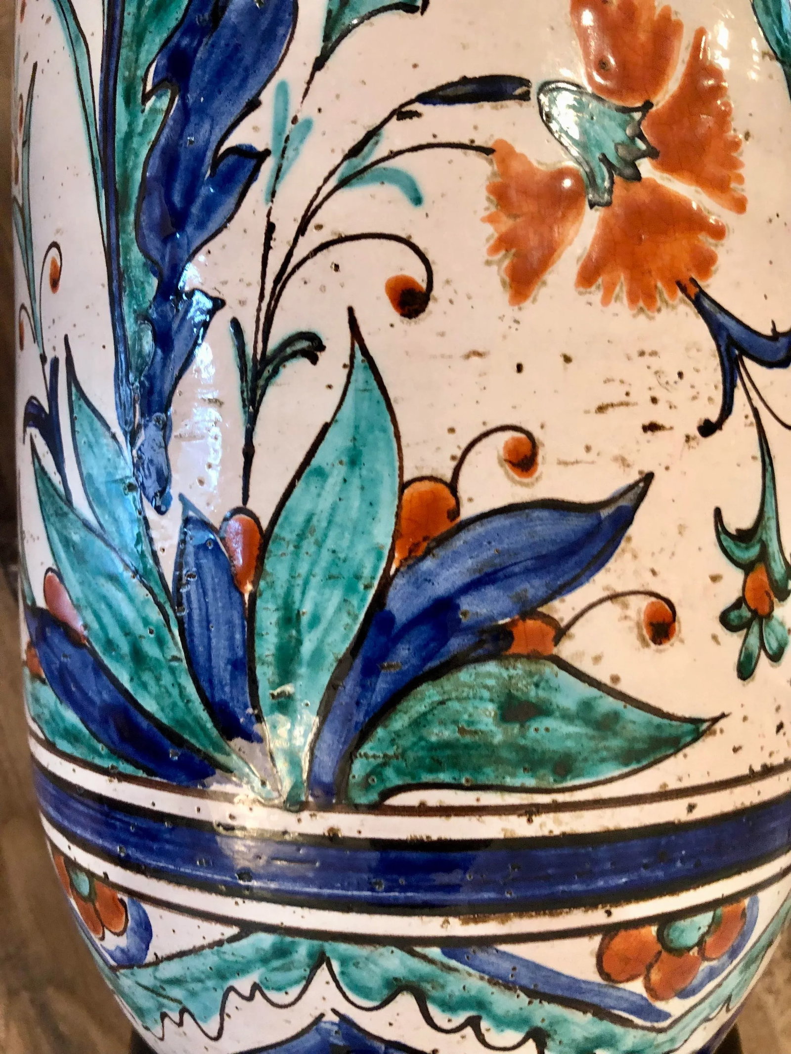 Early 20th Century Tall Turkish Pottery Lamp-Iznek Floor or Table Hand Painted Ceramic Urn Art - 11