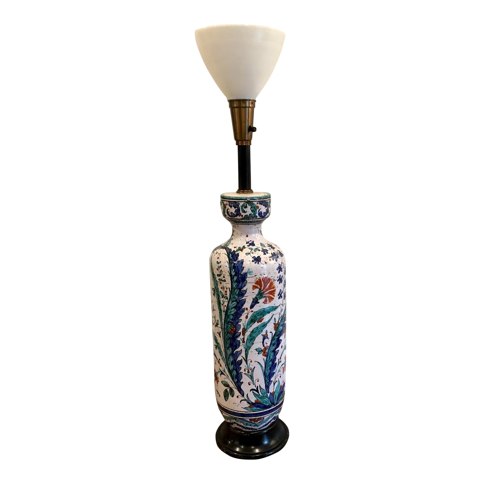 Early 20th Century Tall Turkish Pottery Lamp-Iznek Floor or Table Hand Painted Ceramic Urn Art: An Iznik Pottery Ottoman Turkish Decorated Vase Bottle transformed into a tall table or short floor lamp The lamp is standing on around wooden base, which shows minor wear The white neck and body pain