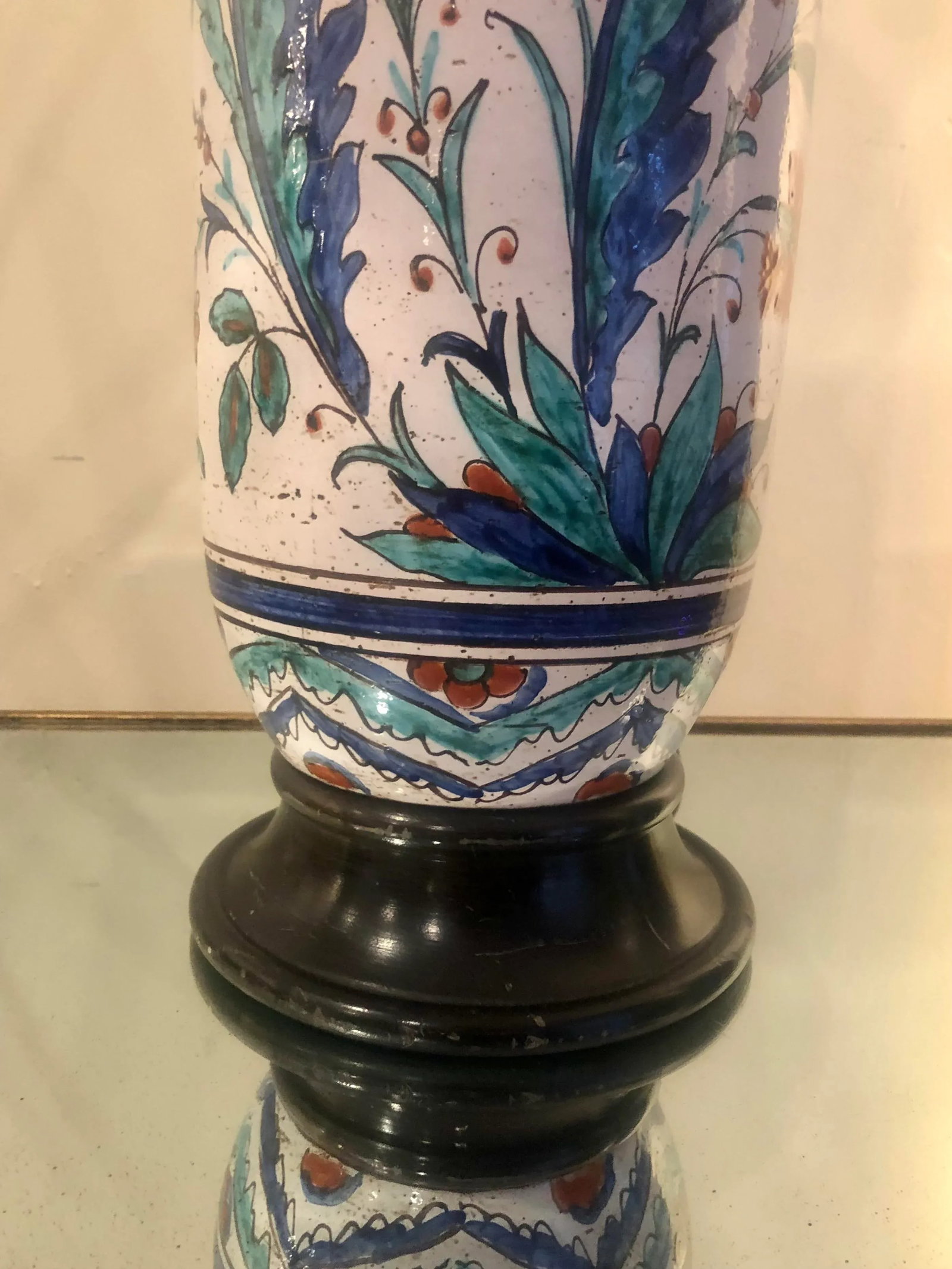 Early 20th Century Tall Turkish Pottery Lamp-Iznek Floor or Table Hand Painted Ceramic Urn Art - 4