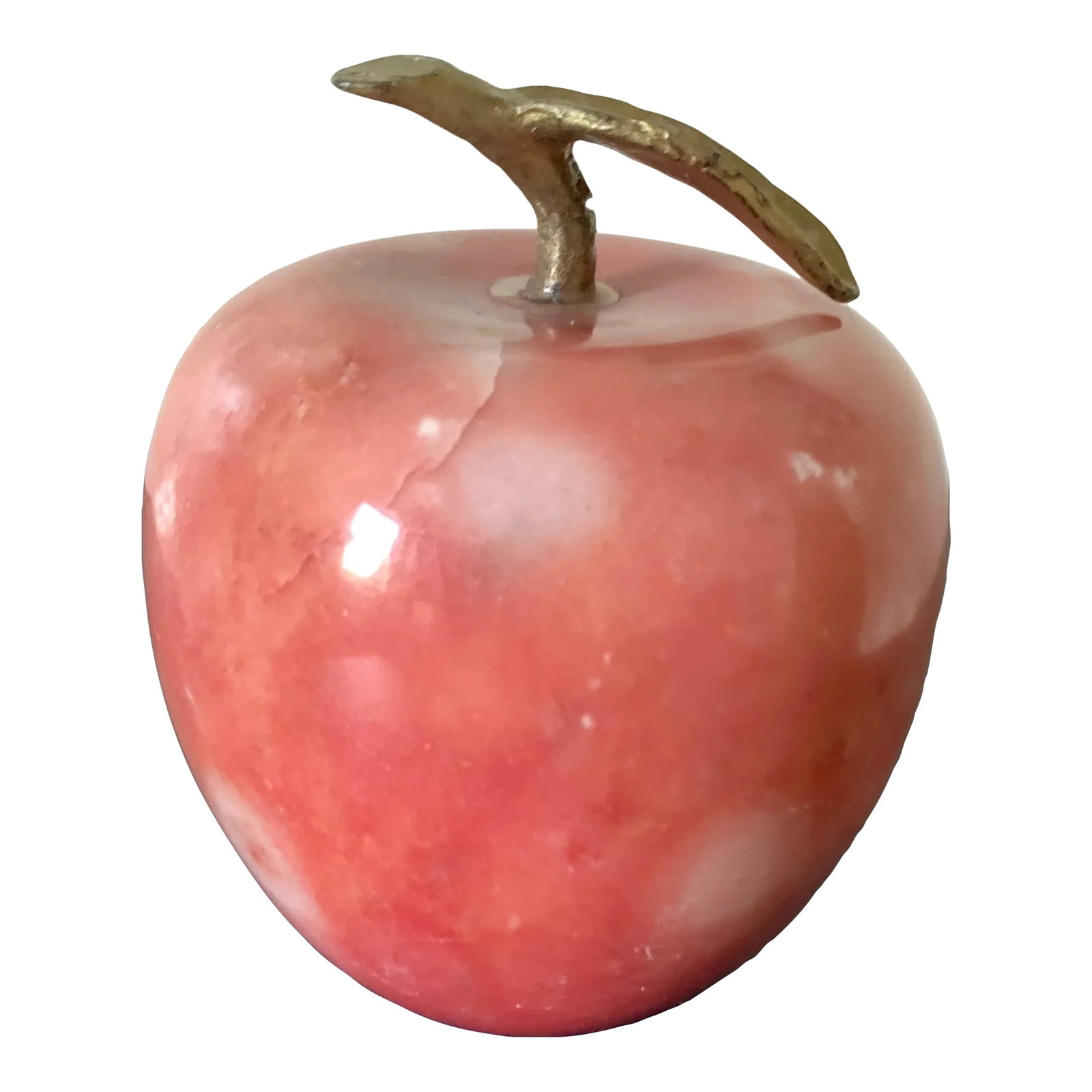 Vintage Marble & Brass Apple Paper Weight: Marble apple paper weight or decorative accessory featuring of deep pink and cranberry tones . A gorgeous addition to your desk or shelf, looks very natural. Condition: Alterations: Original