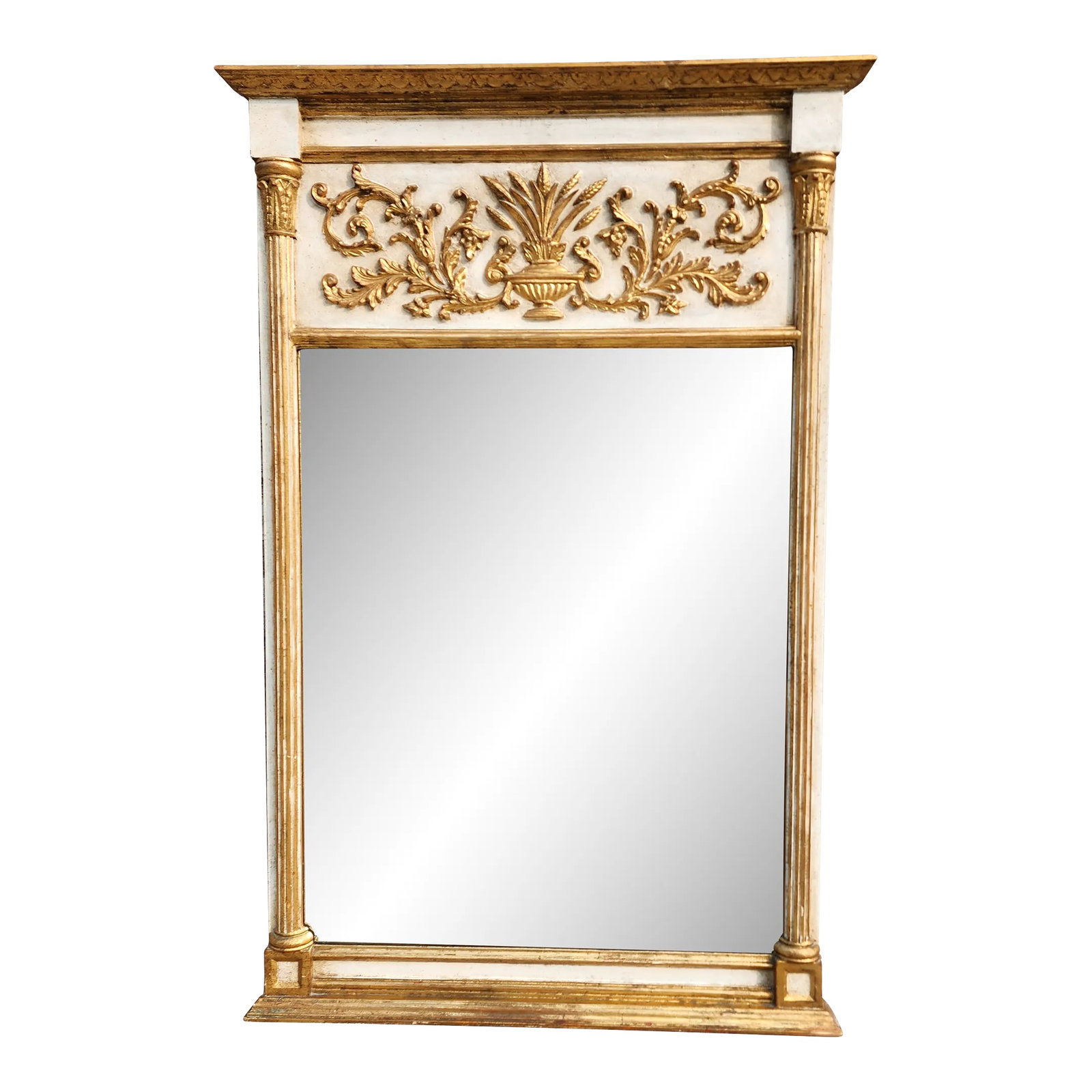 Vintage Neoclassical Style Giltwood Trumeau Mirror: Vintage Neoclassical Louis XVI Style handcarved giltwood mirror with antique white trims. The top panel features an urn with wheat bouquet surrounded by srolling acanthus leaf motif and Greek style co