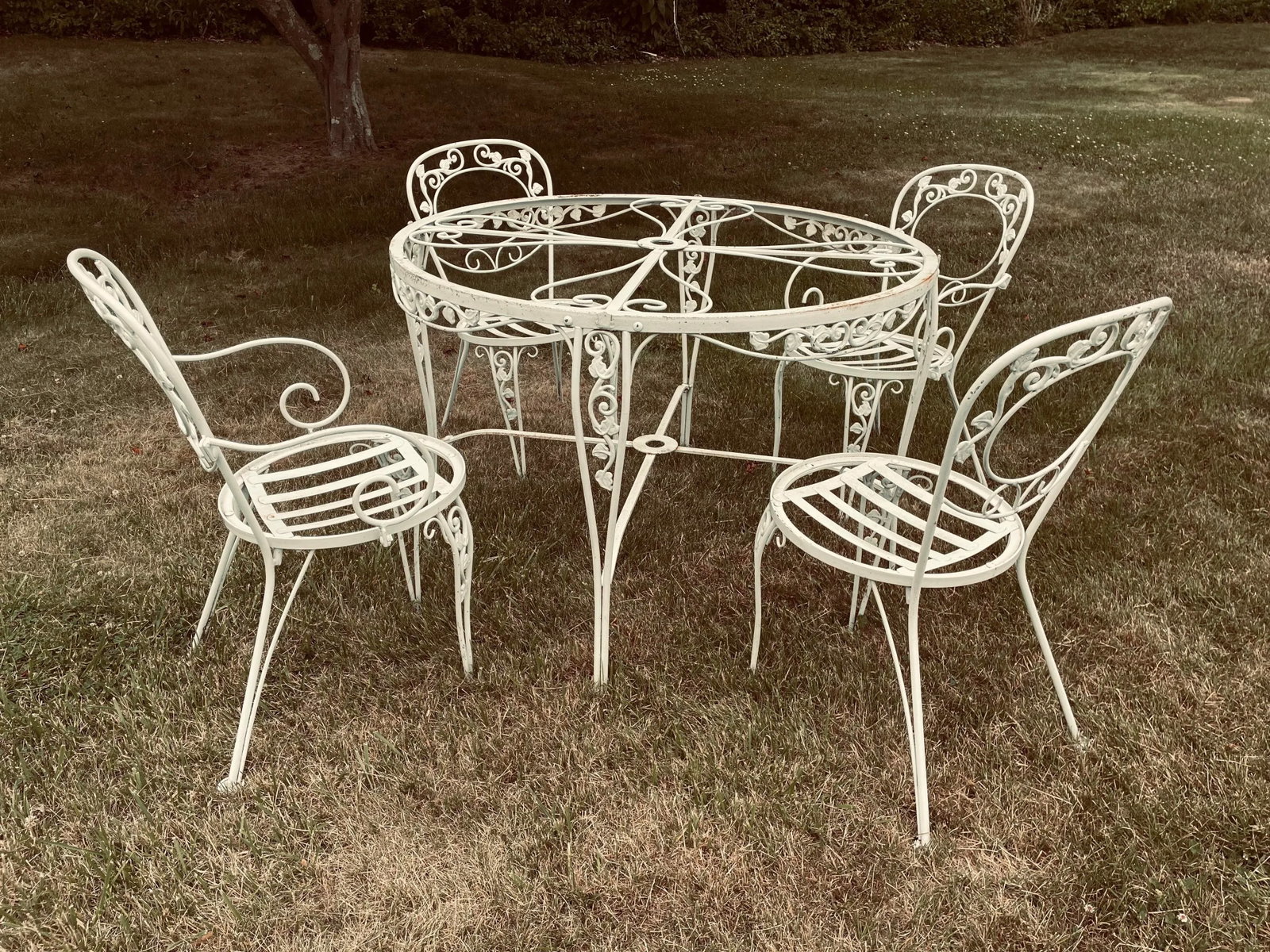 Vintage Victorian Style Chantilly Rose Pattern Wrought Iron Patio Table Base & 4 Chairs - 6
