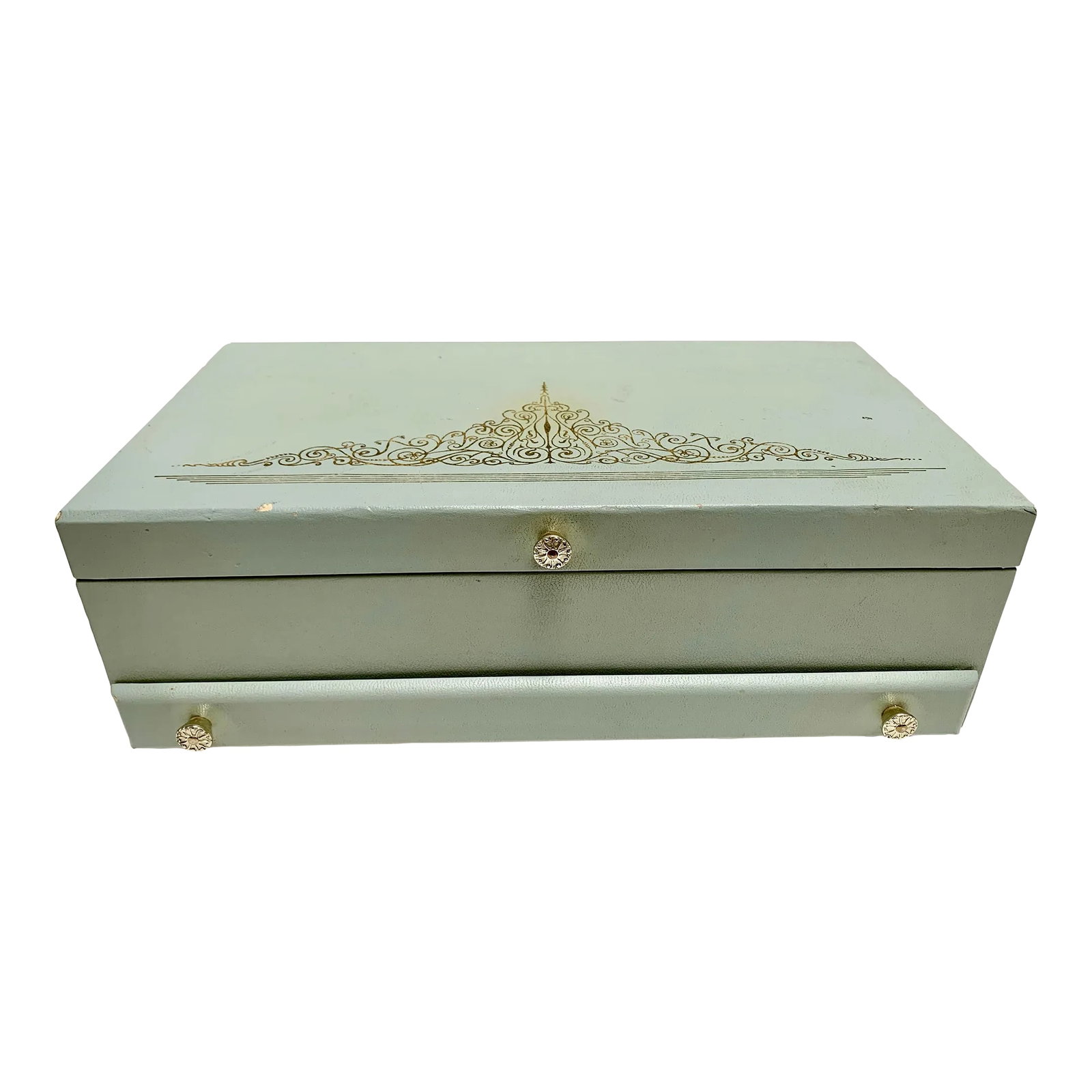 Midcentury French Provincial Blue & Gold Jewelry Box: Midcentury blue and gold large jewelry box with velvet lining and lots of storage sections and drawers. Designed by Lady Buxton, popular in the 50s and 60s. Condition: Alterations: Original Condition 