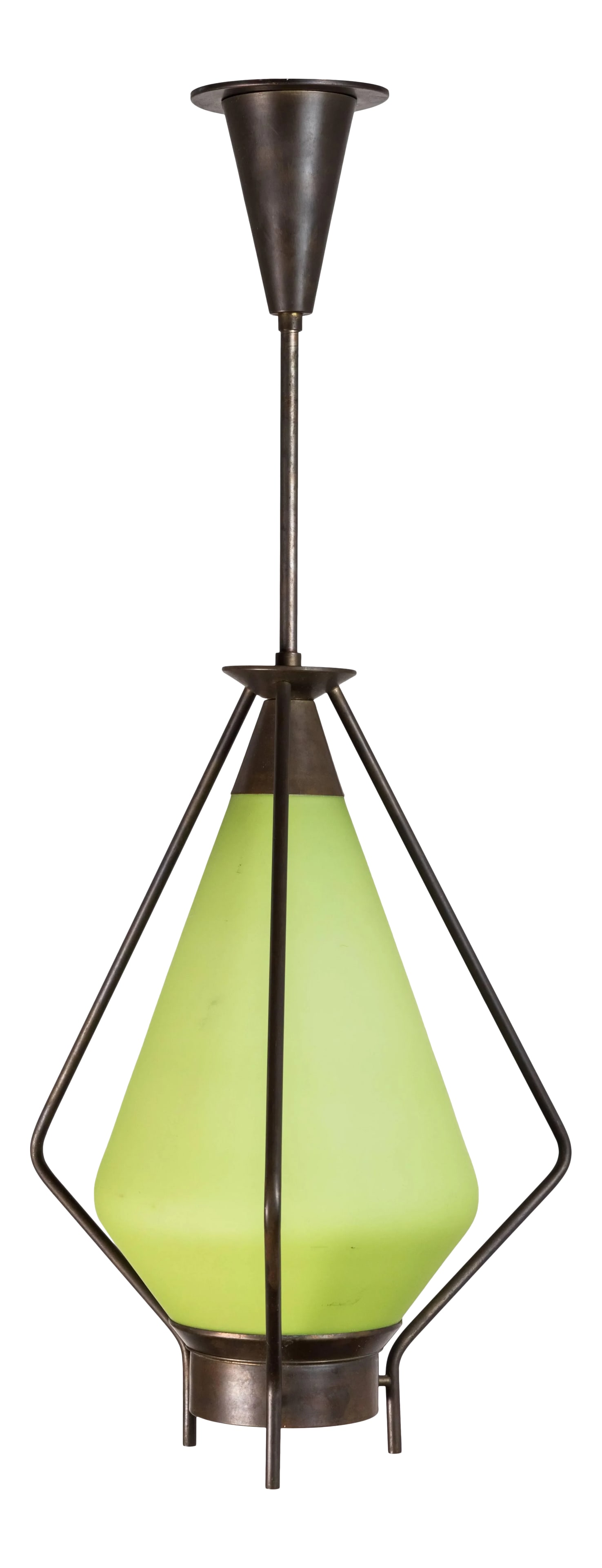Mid-Century Green Glass Pendant: Mid-century green glass and brass pendant. Condition: Alterations: Original Condition Unaltered Imperfections: Some Imperfections Condition Notes: Very good condition Origin: United States Materia