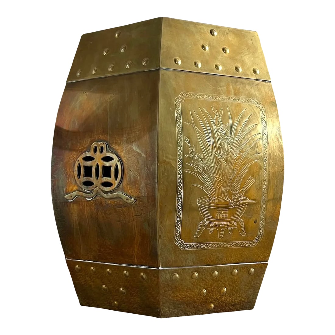Mid Century Asian Brass Garden Stool Table: Beautiful Mid Century Solid Brass Garden Drum Stool Drinks Table This versatile stool has lovely and stylish Asian detailing and can also be used as a drink table or side table. Condition: Alterations