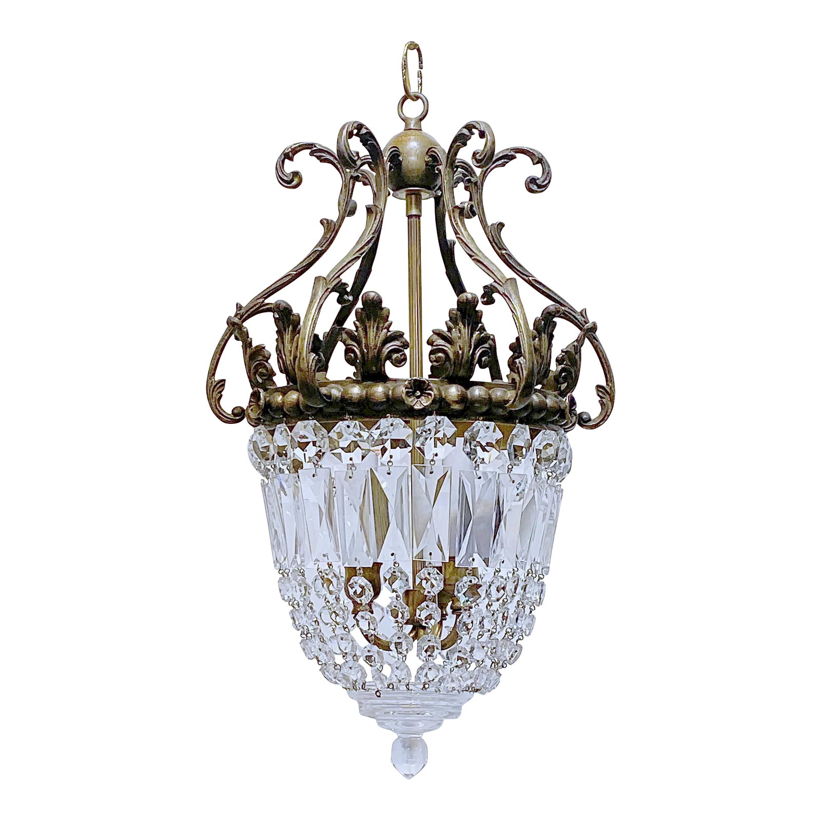 1930s Revival Italian Bronze Basket Chandelier: Vintage basket chandelier with Bronze frame and crystal chains. It has 3 candelabra socket that can hold up to 60W light bulb. or equivalent led lightbulbs. Rewired and restored. Made in Czechoslovaki