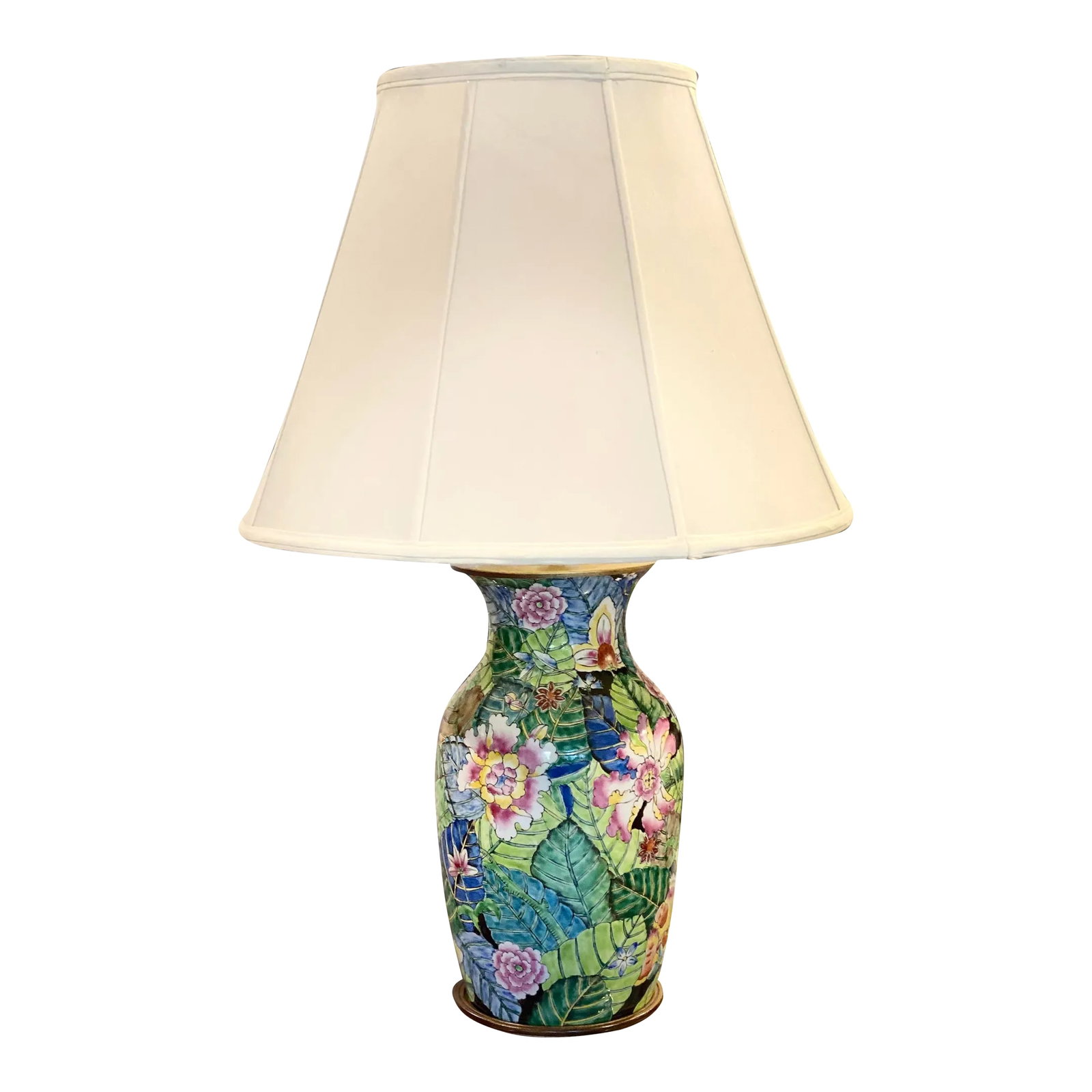 Large Mid Century Chinese Tobacco Leaf Lamp: Exquisite hand painted Chinese Tobacco Pattern porcelain lamp. Fully covered with leaves and flowers on a black background. Lamp measures 34" to the top of finial. 23" to the top of socket. Condition: