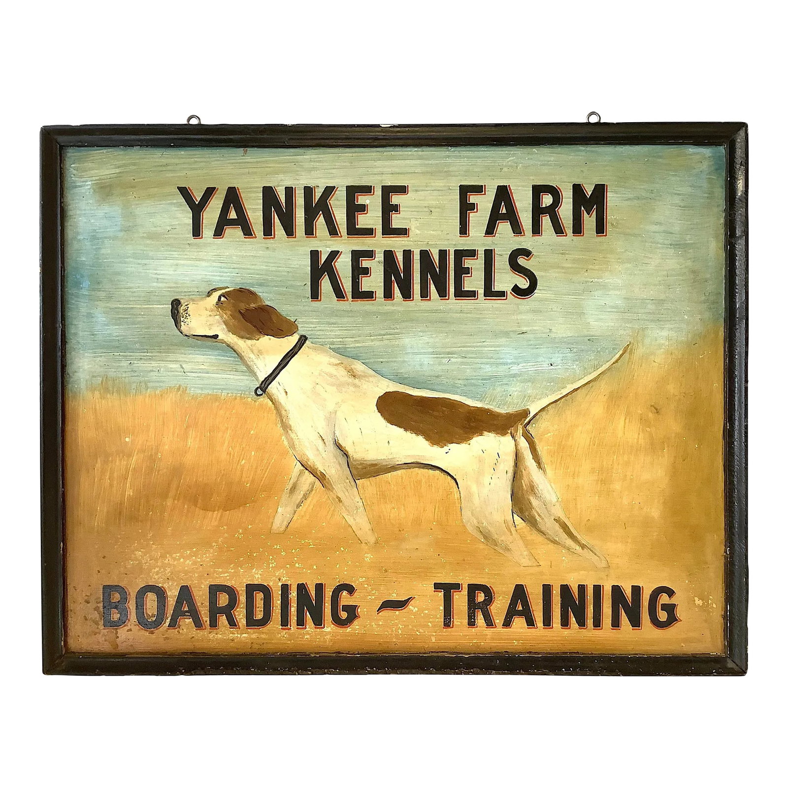 Circa 1930s/40s Two Sided Wood Hand Painted Yankee Farm Kennels Sign: Circa 1930s/40s two sided hand painted on wood Yankee Farm Kennels sign with pointer, sign has original black moulding. Sign has eye hooks for hanging. Sign has discolorations, scratches, paint loss, 