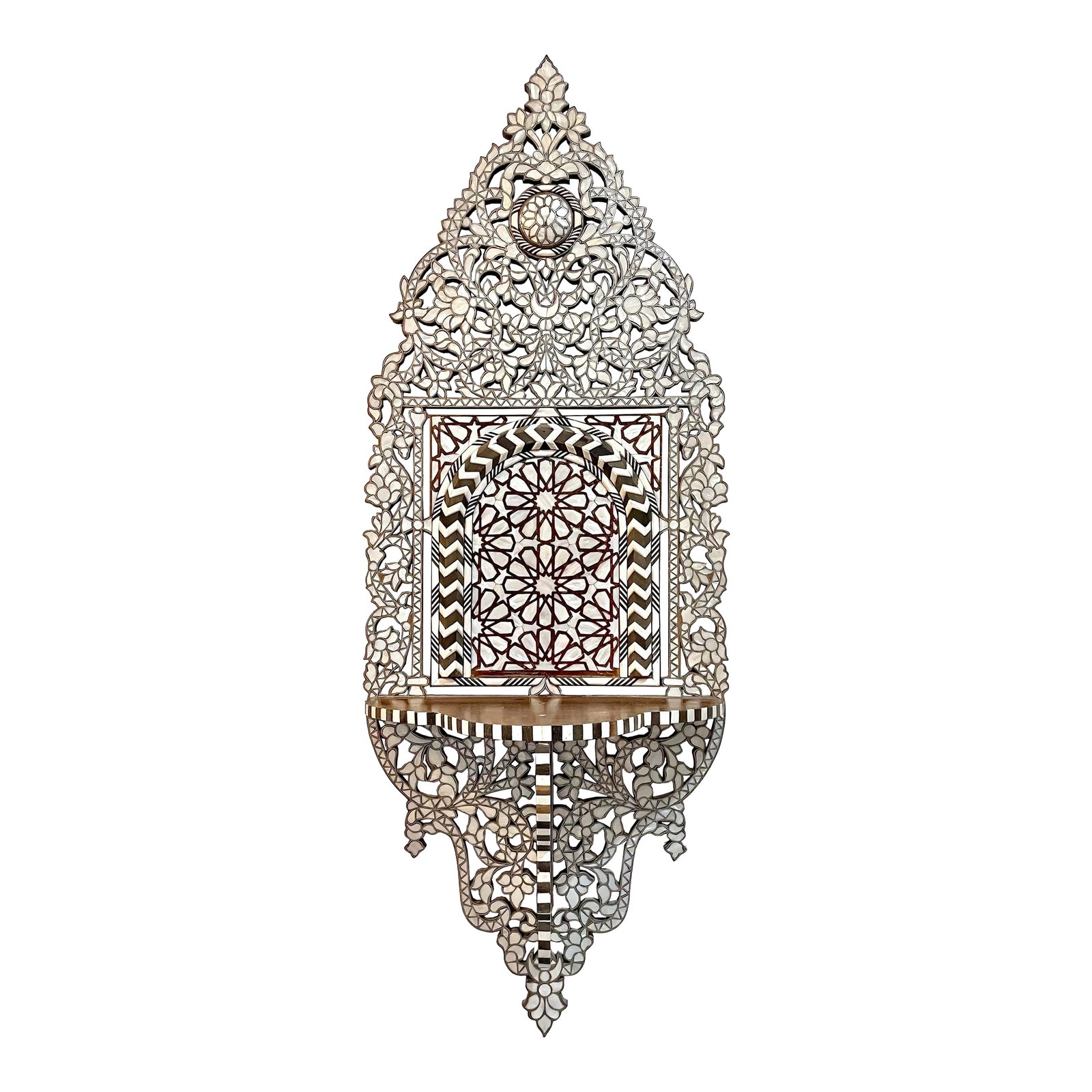 Vintage Mother of Pearl Inlaid Wall Bracket: Very fine intricate, detailed, stunning craftsmanship quality of Moorish style artwork. The exotic geometric pattern in the center is one of the most popular geometric pattern, surrounded with