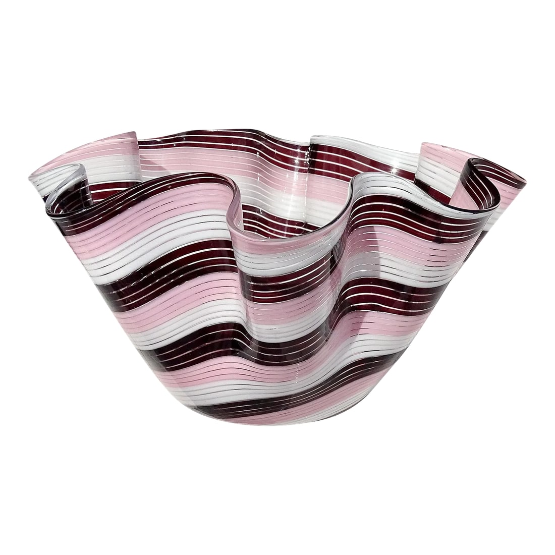 Vintage Murano Dark Purple Pink White Swirling Ribbons Italian Art Glass Decorative Fazzoletto Flowe (1 of 8)