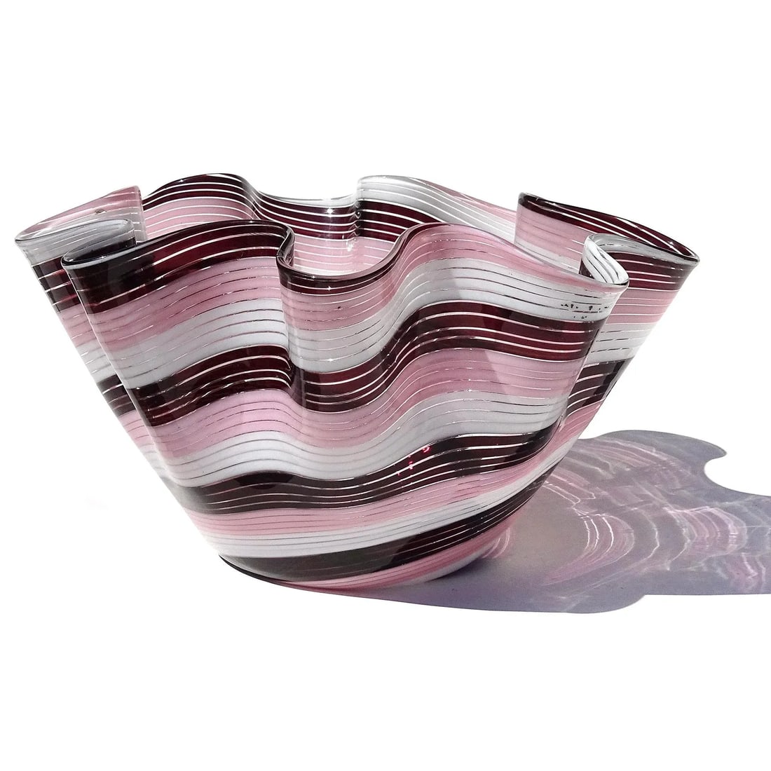 Vintage Murano Dark Purple Pink White Swirling Ribbons Italian Art Glass Decorative Fazzoletto Flowe - 2