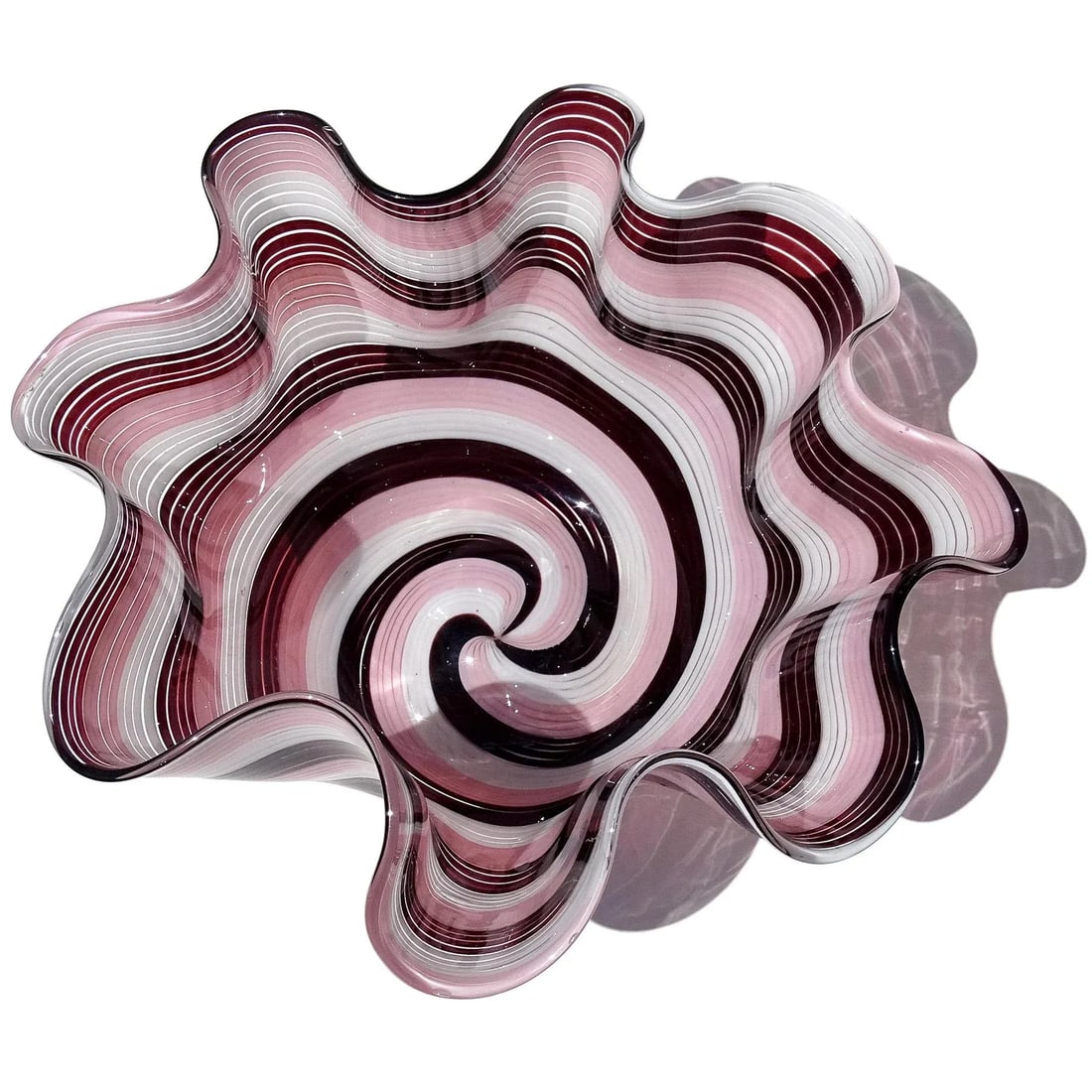 Vintage Murano Dark Purple Pink White Swirling Ribbons Italian Art Glass Decorative Fazzoletto Flowe - 3