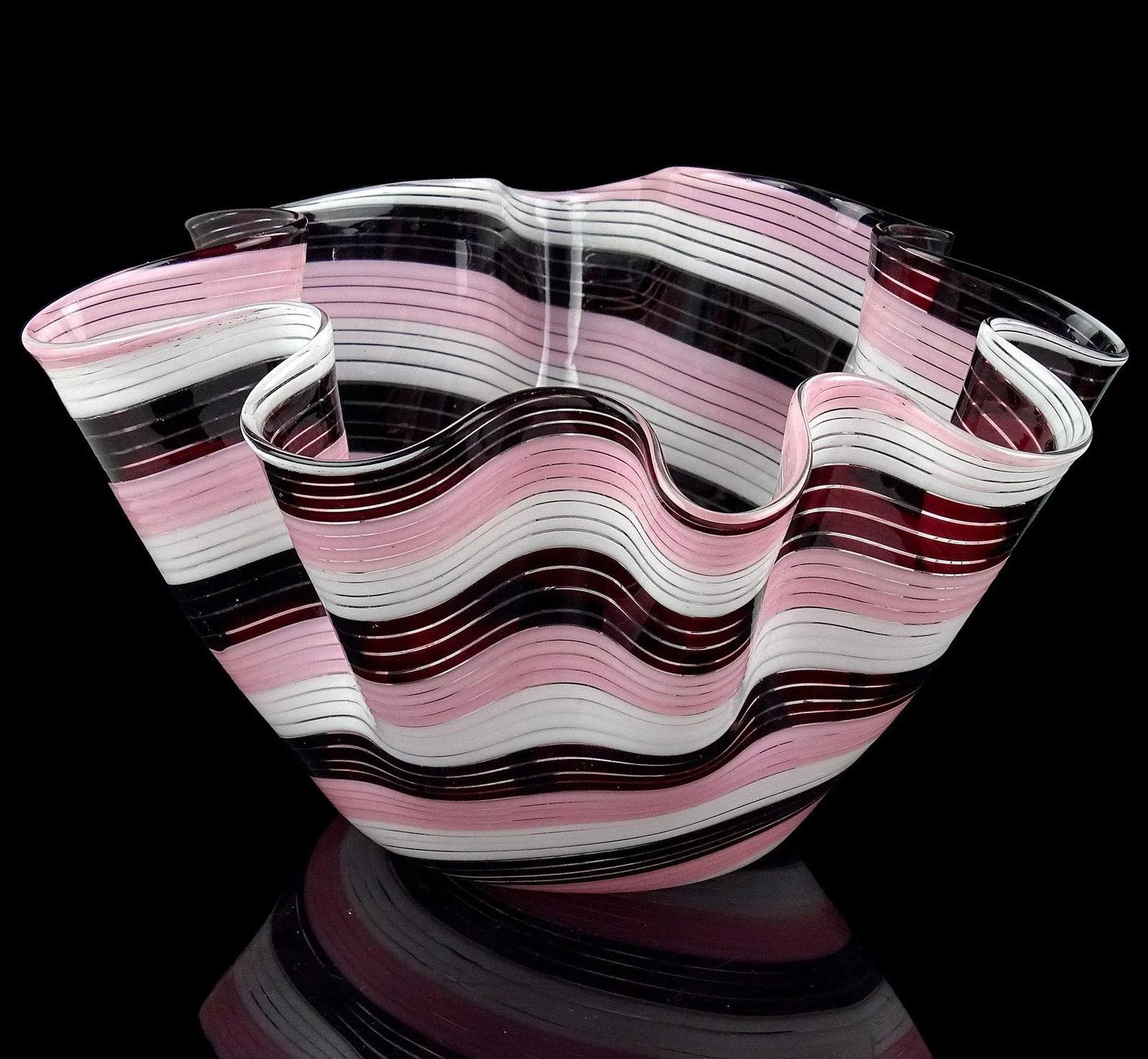Vintage Murano Dark Purple Pink White Swirling Ribbons Italian Art Glass Decorative Fazzoletto Flowe - 4
