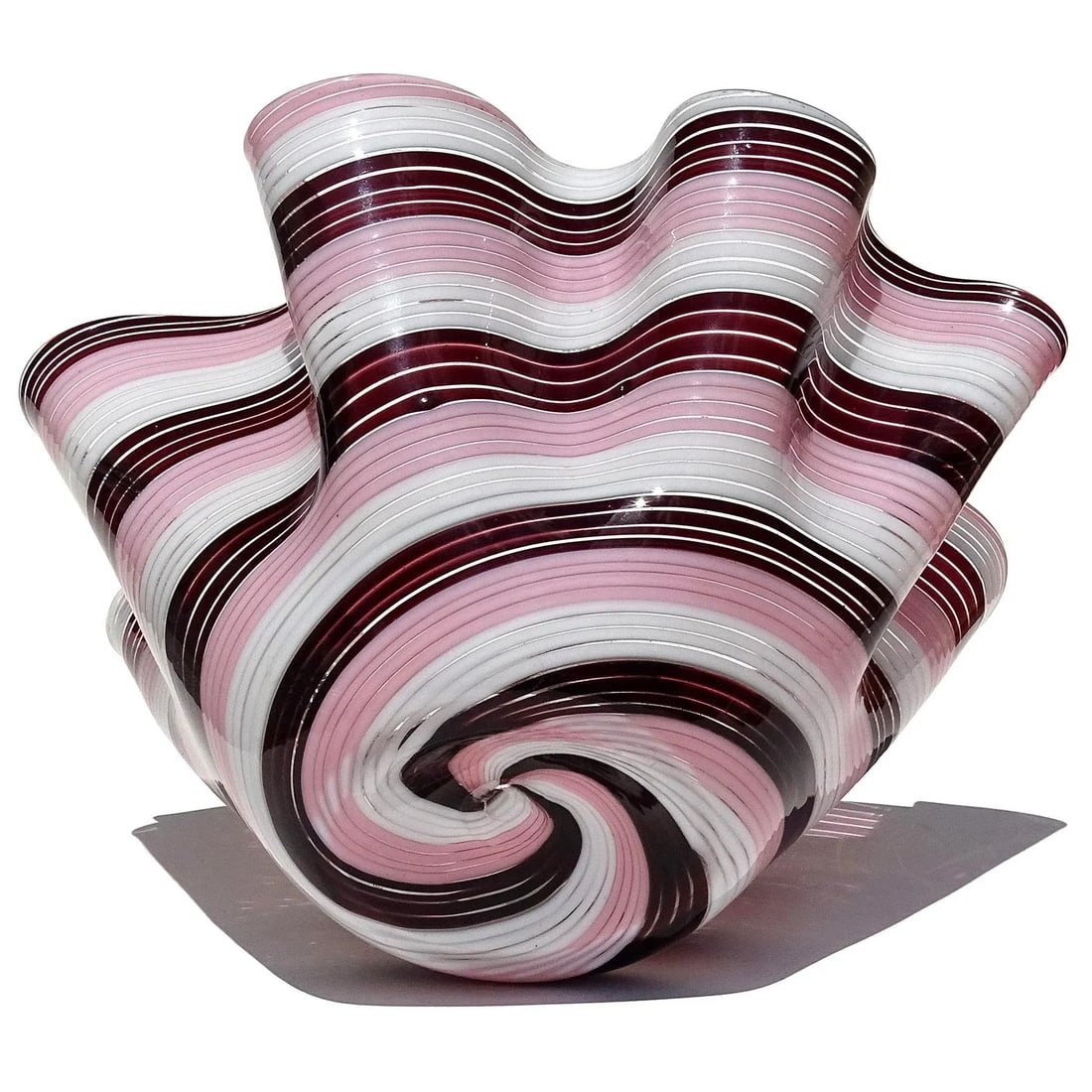 Vintage Murano Dark Purple Pink White Swirling Ribbons Italian Art Glass Decorative Fazzoletto Flowe - 5