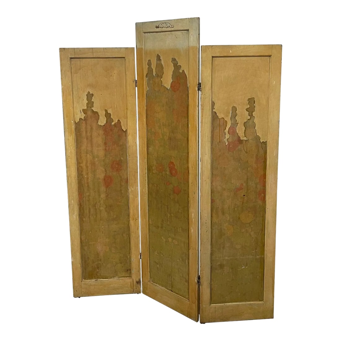 1970s Vintage Room Divider With Floral Motif: Three Pane Room Divider , Painted Green on one Side with a Floral Motif on the Other. Edges are Yellow , the Top of the Middle Pane is White, Probably From Exposure to the Elements Over Time.