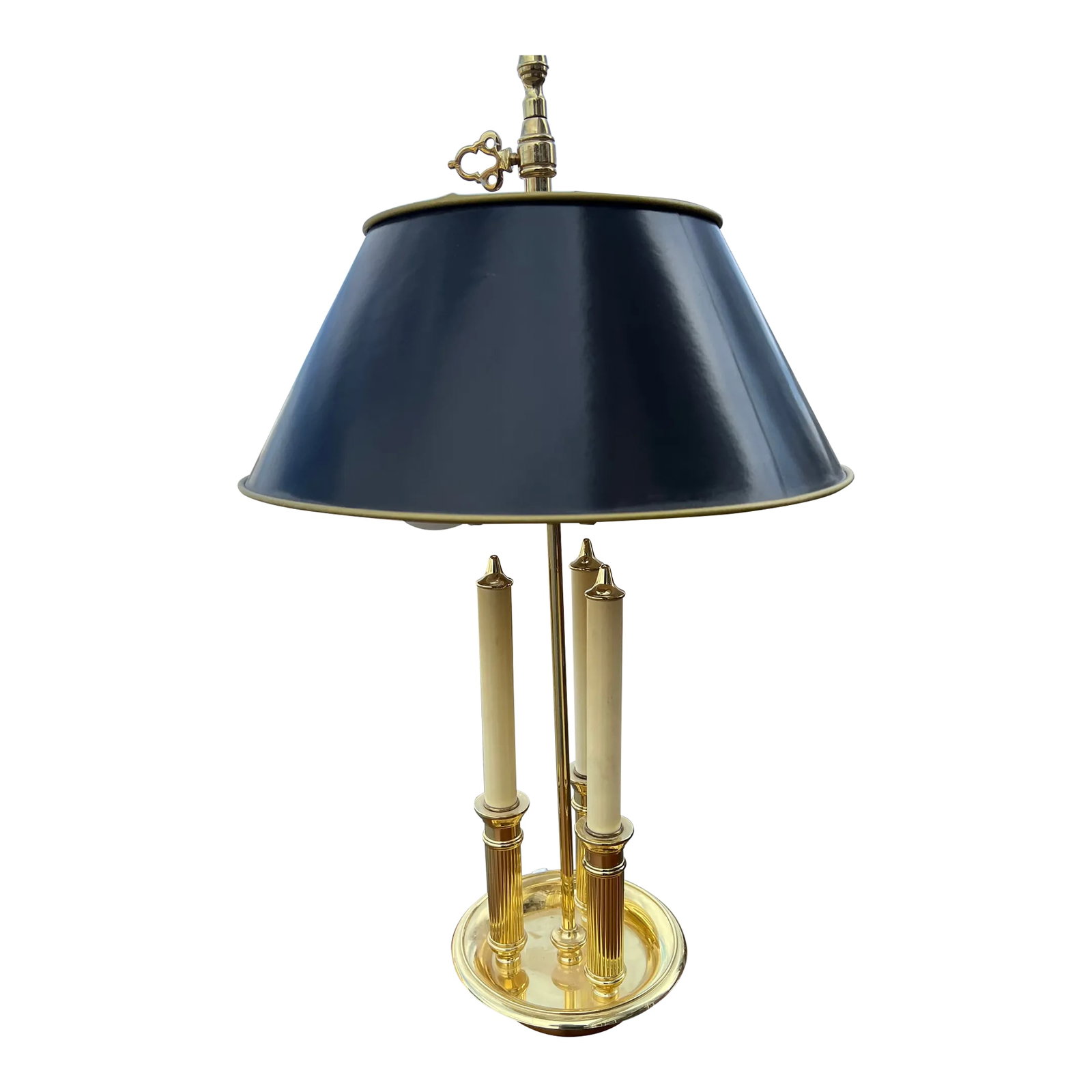 1960s Gold and Black Bouillotte Lamp: Black & Gold Bouillotte Style Lamp Three Candle Arm Look and Two Bulb . Condition: Alterations: Unknown Imperfections: Some Imperfections Condition Notes: Good Shape Normal Used Wear , appears to