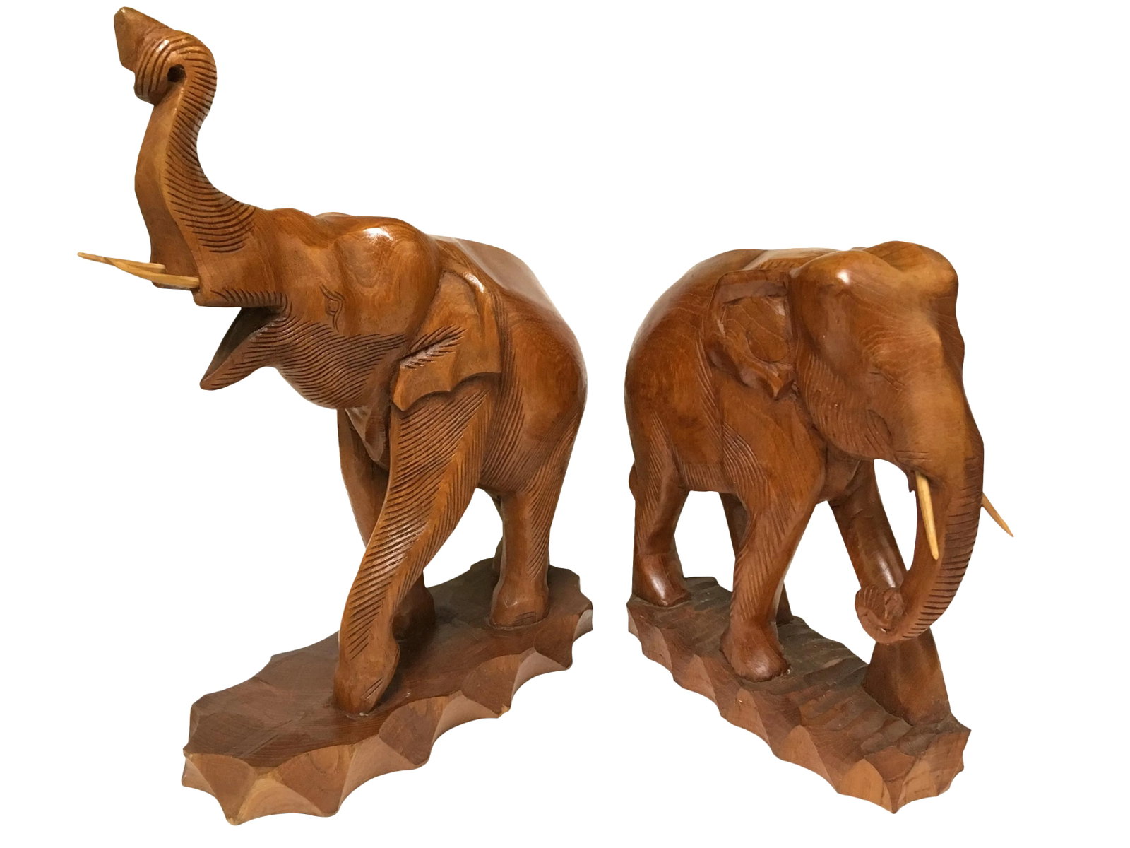 Solid Teak Wood Hand Carved Trunk Up Elephant Statue - a Pair (1 of 12)