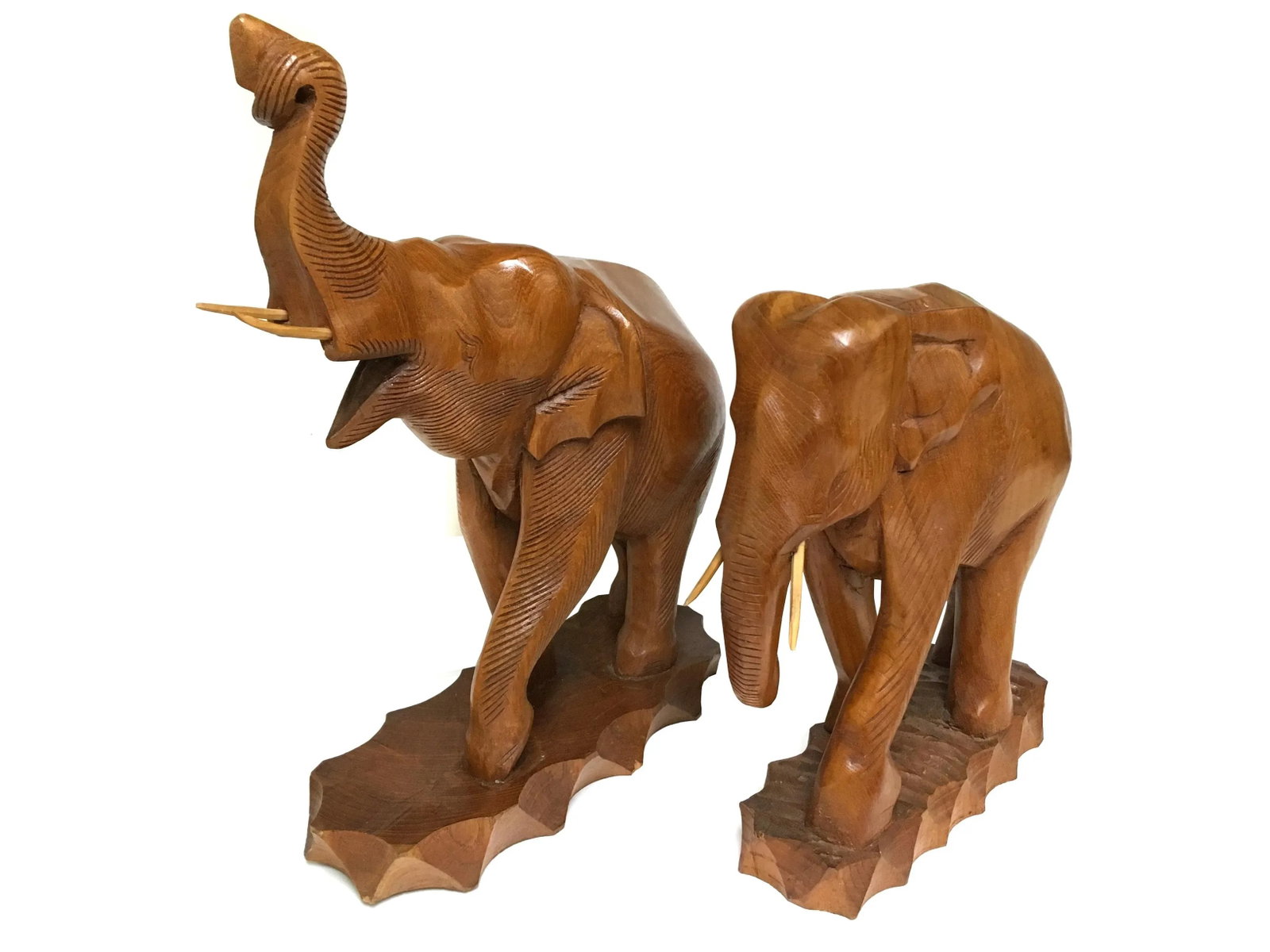 Solid Teak Wood Hand Carved Trunk Up Elephant Statue - a Pair - 2